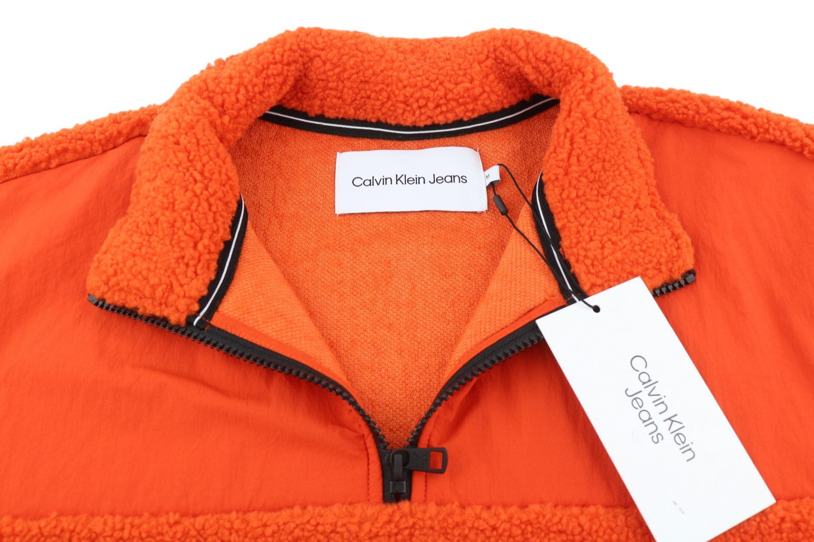 CALVIN KLEIN Badge Sherpa Half Men Sweatshirt M Orange Fleece Pullover RRP€129