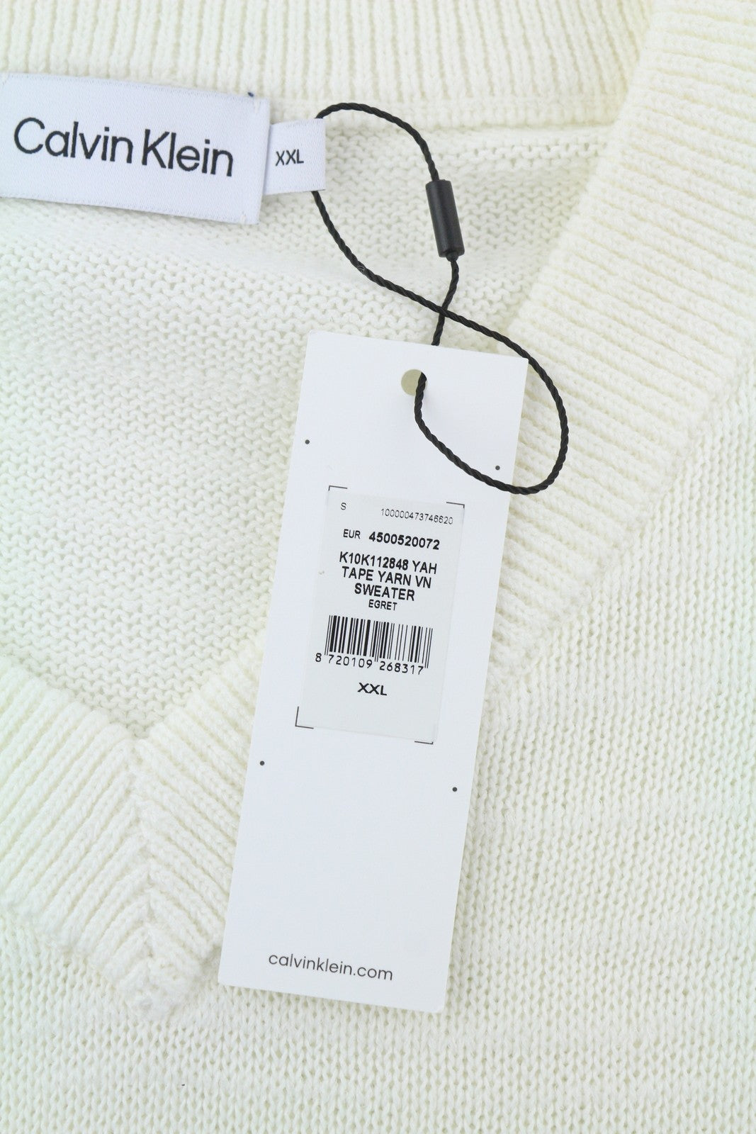 CALVIN KLEIN Tape Yarn Vn Men Jumper 2XL White Textured Knitted V-Neck Pullover