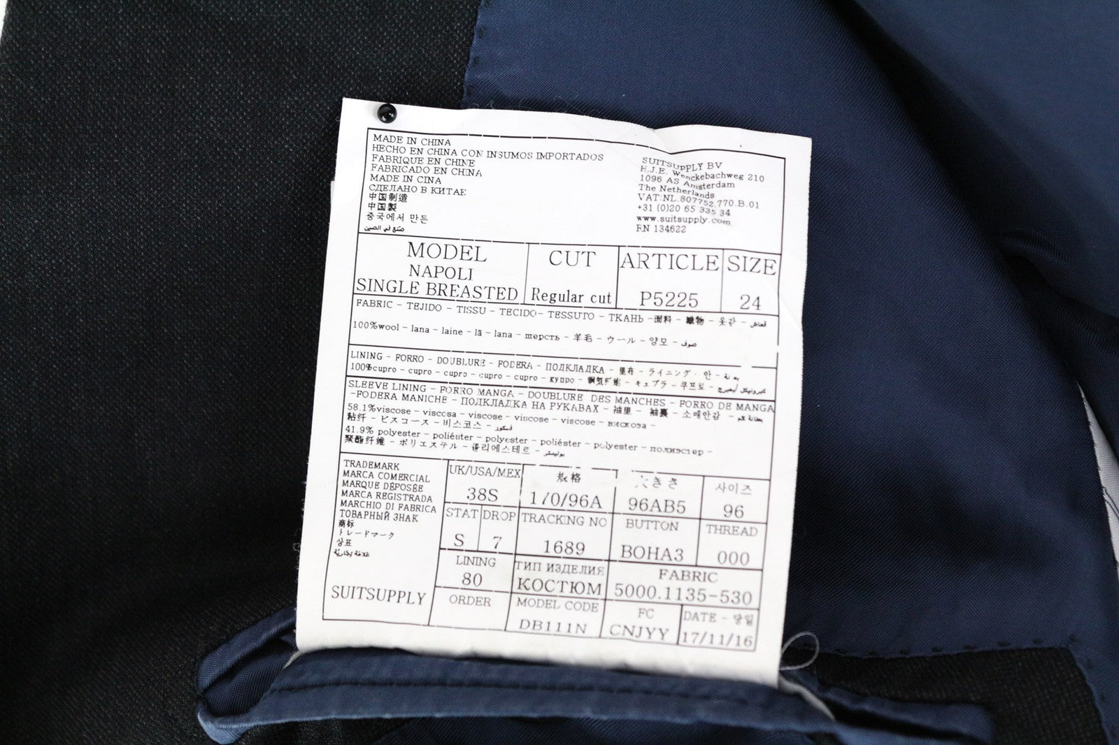 SUITSUPPLY Napoli Men's Blazer UK38S Dark Grey Wool Super 110's Lined