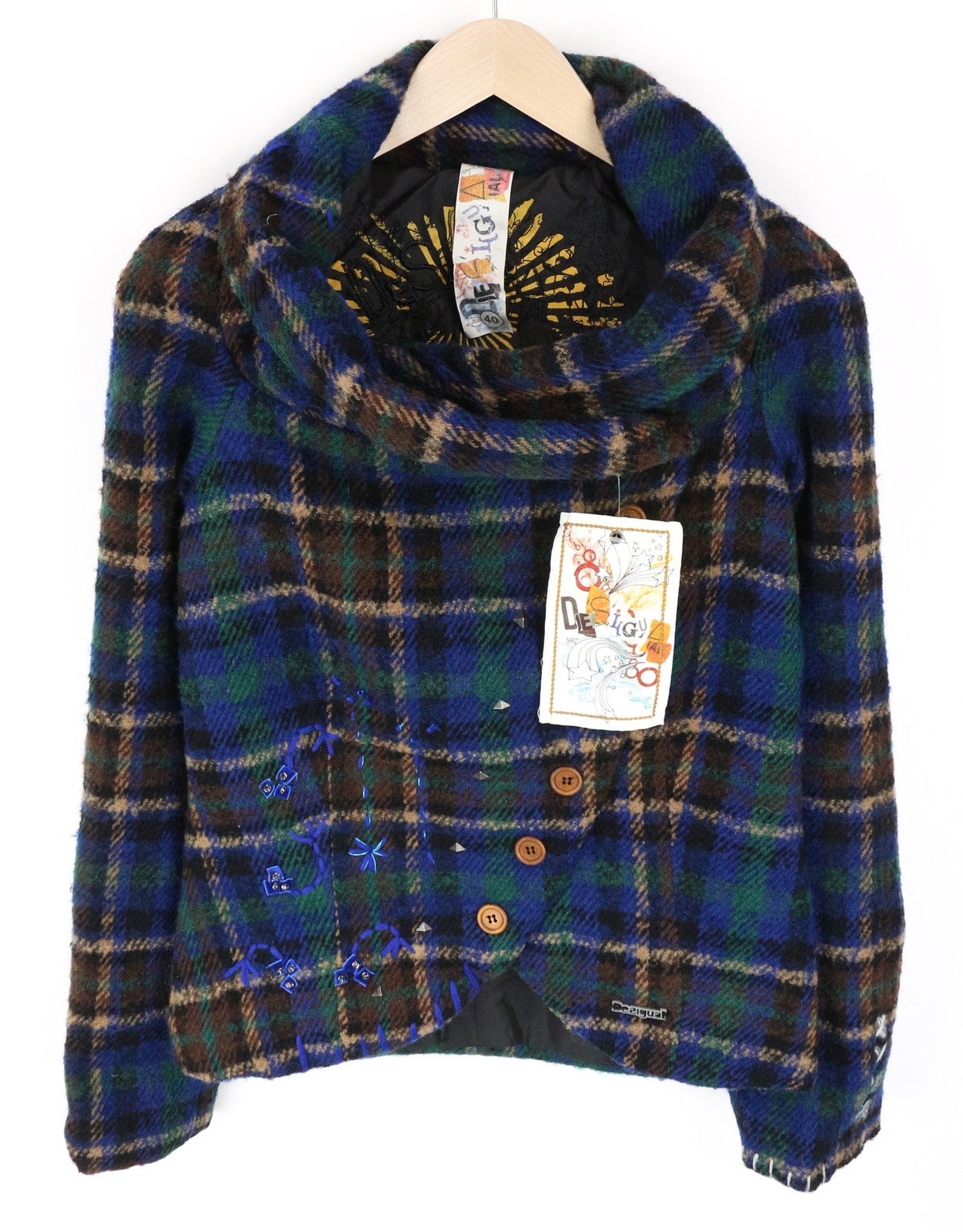 DESIGUAL Women's 40 Blue Checked Long Sleeve Wool Blend Single-Breasted Jacket