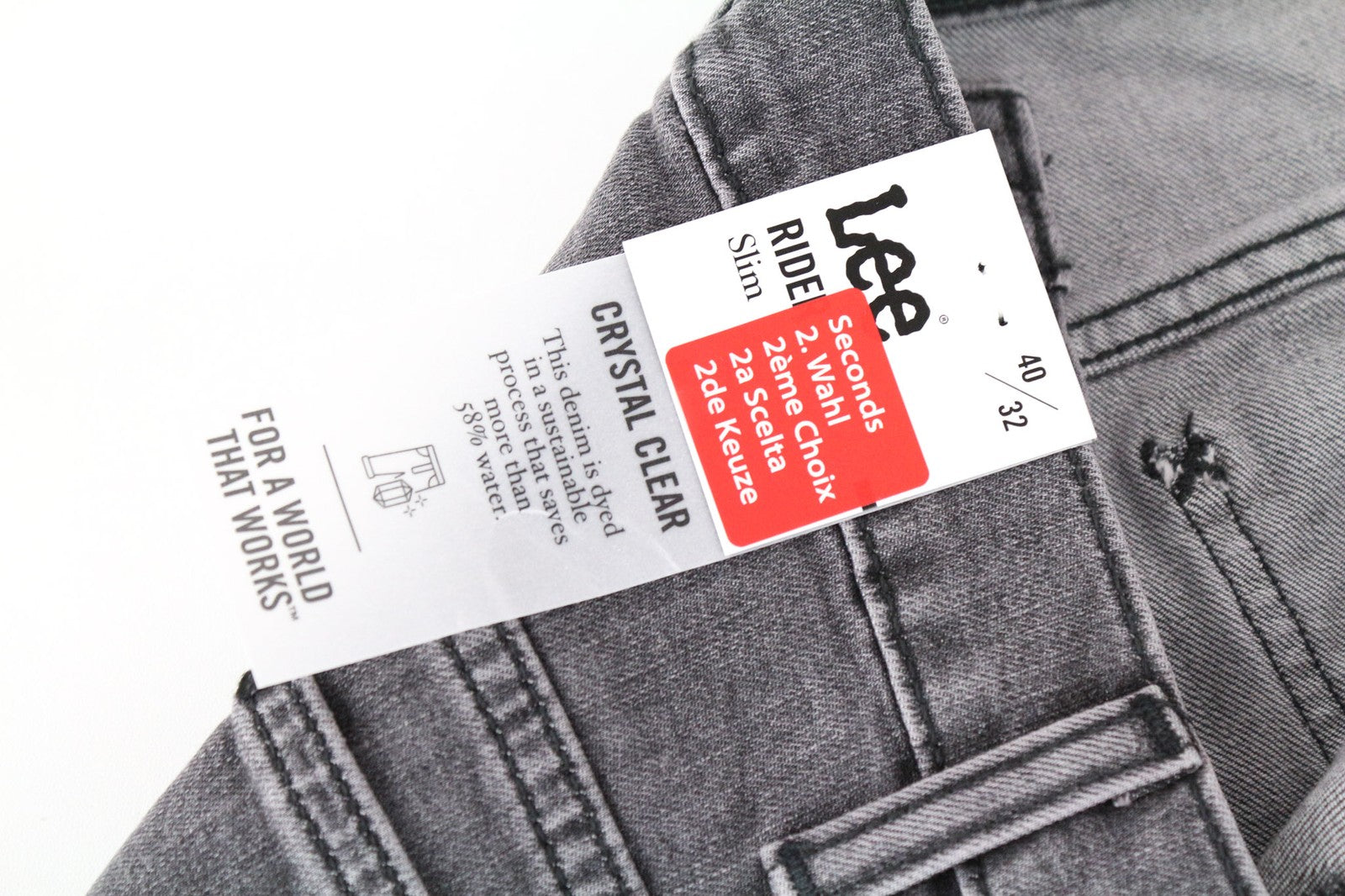 LEE Rider Men's W40/L32 Grey Slim Jeans 5-Pocket Washed Stretch Cotton Denim