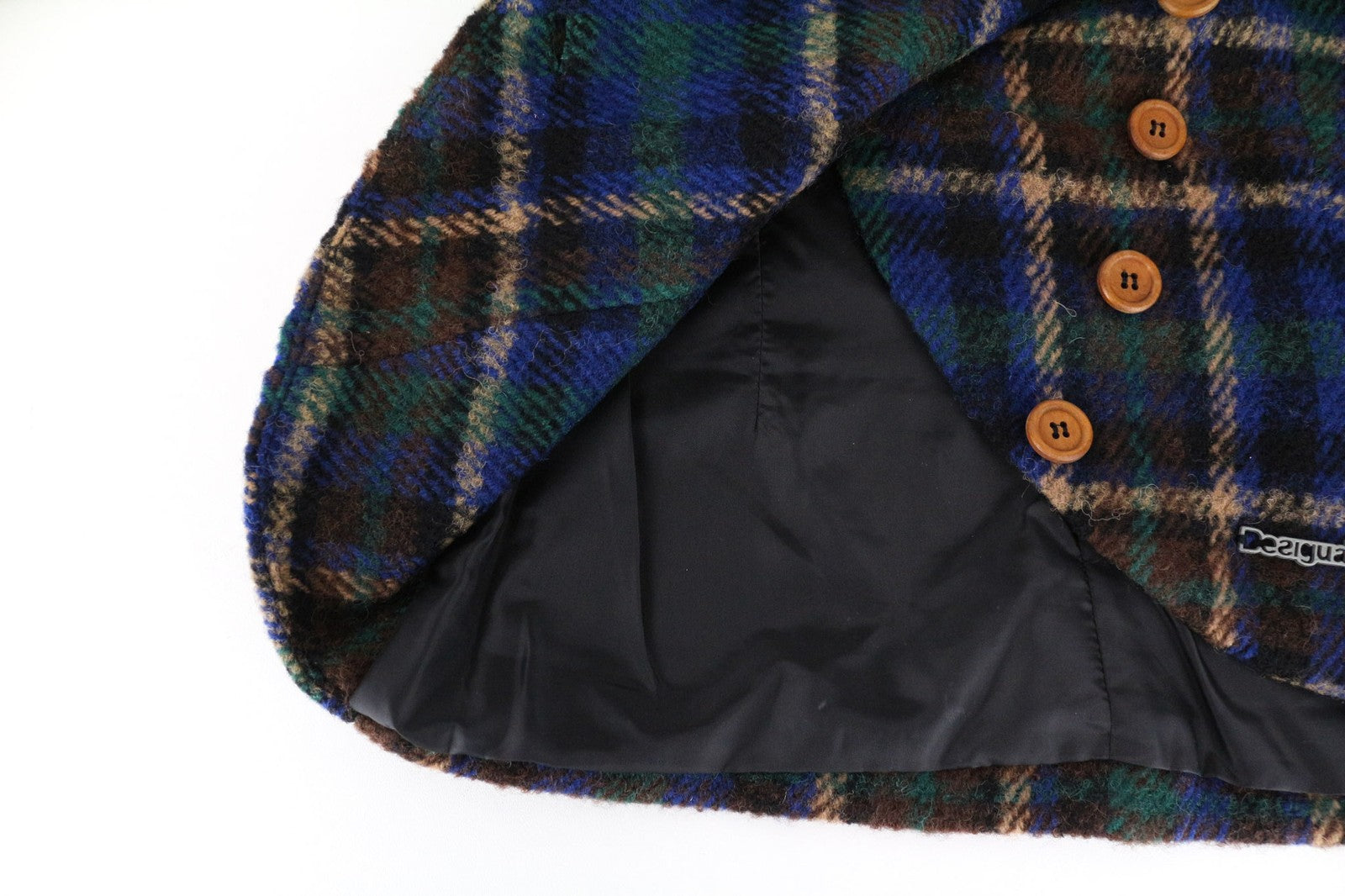 DESIGUAL Women's 36 Blue Checked Wool Blend Long Sleeve Single-Breasted Jacket