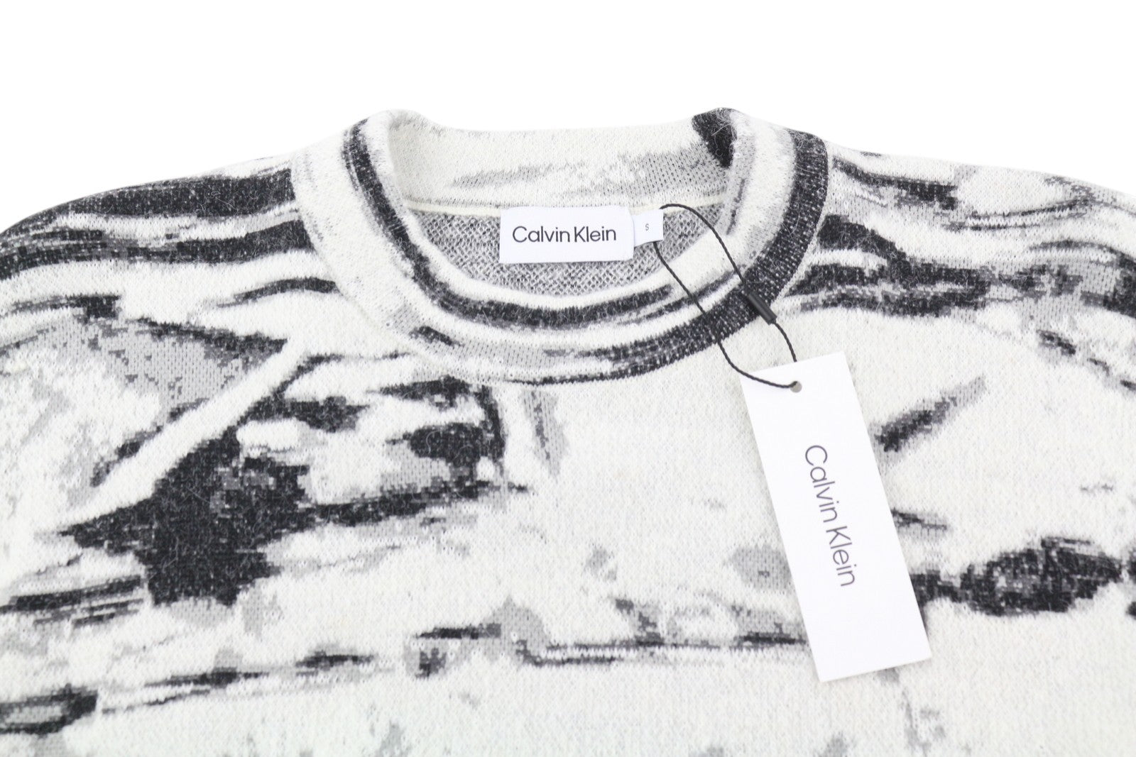 CALVIN KLEIN Abstract Jacquard Men Jumper S Grey Wool Alpaca Blend Knit Pullover