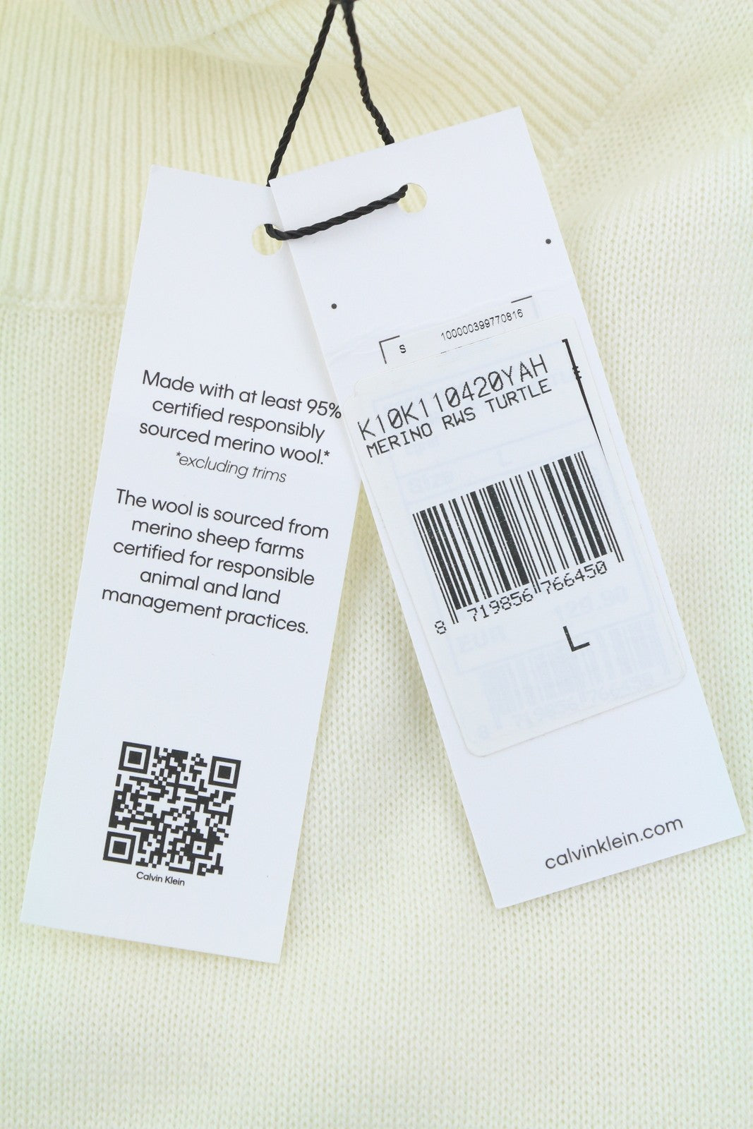 CALVIN KLEIN Merino Rws Turtle Men Jumper L White Knitted Logo Pullover RRP189