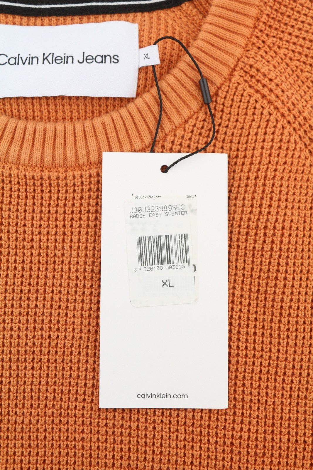 CALVIN KLEIN Badge Easy Men Jumper XL Orange Cotton Waffle-Knit Crew Pullover
