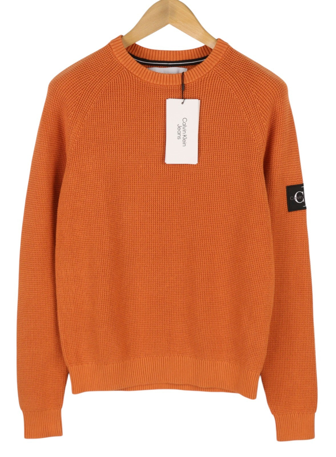 CALVIN KLEIN Badge Easy Men Jumper S Orange Cotton Waffle-Knit Crew Pullover