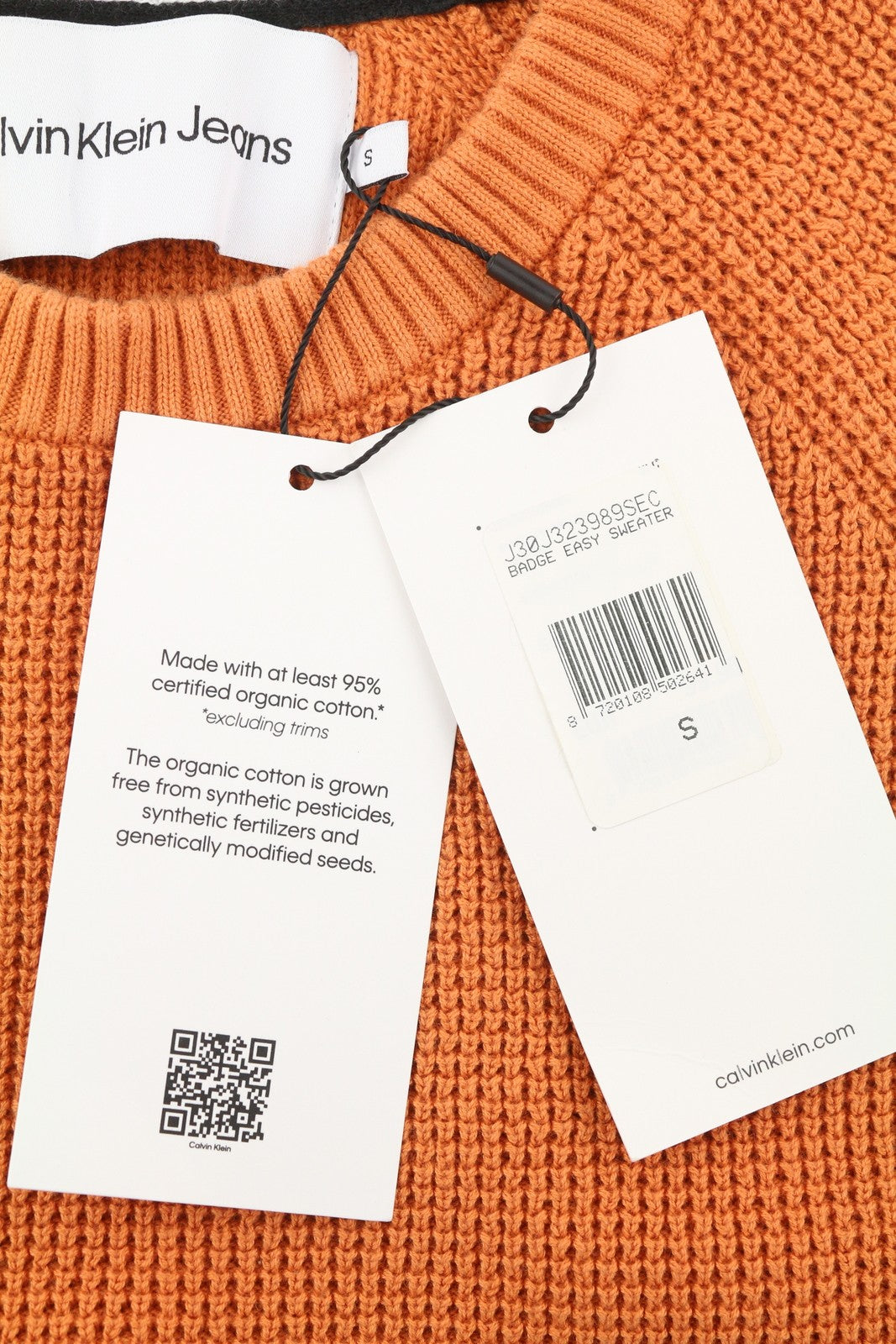 CALVIN KLEIN Badge Easy Men Jumper S Orange Cotton Waffle-Knit Crew Pullover
