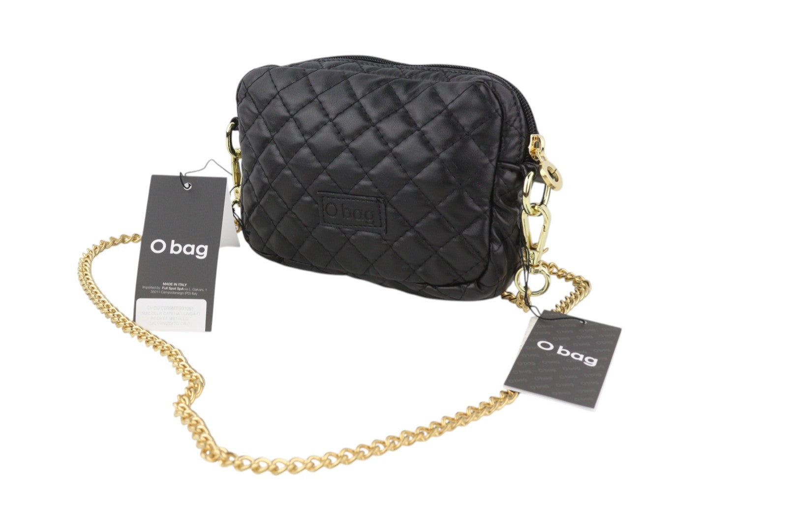 O BAG Extra Pocket Women Bag OS Black Coated Quilted Gold Tone Chain Crossbody