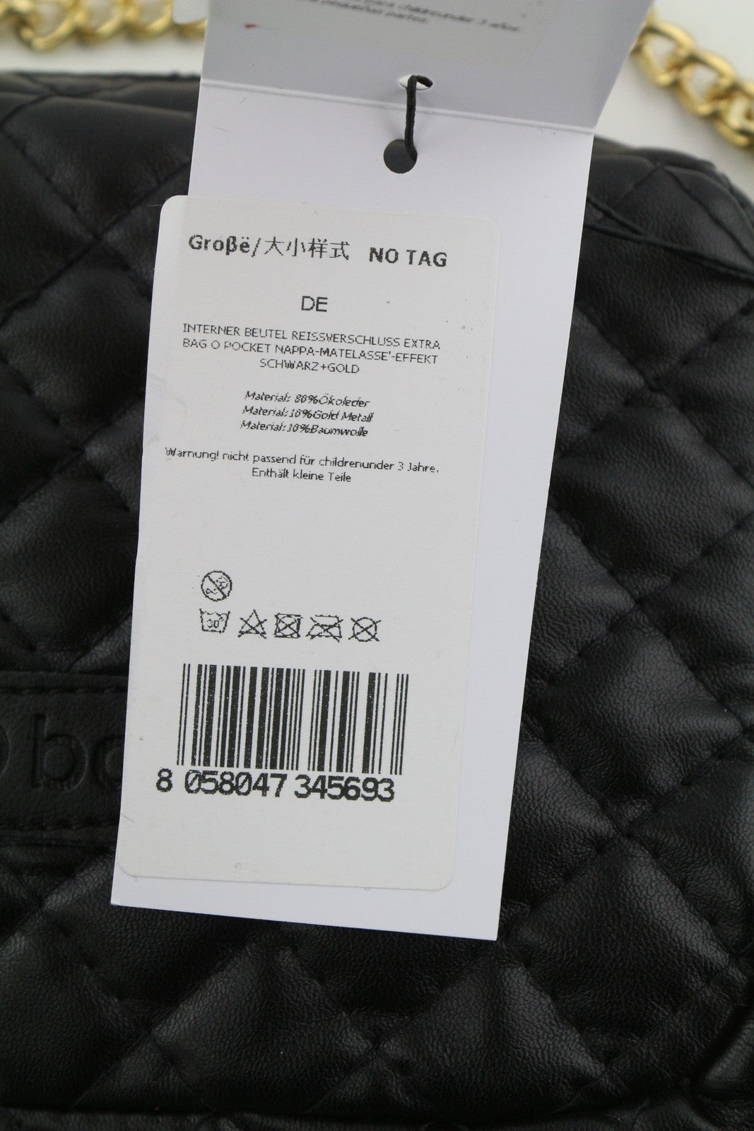 O BAG Extra Pocket Women Bag OS Black Coated Quilted Gold Tone Chain Crossbody