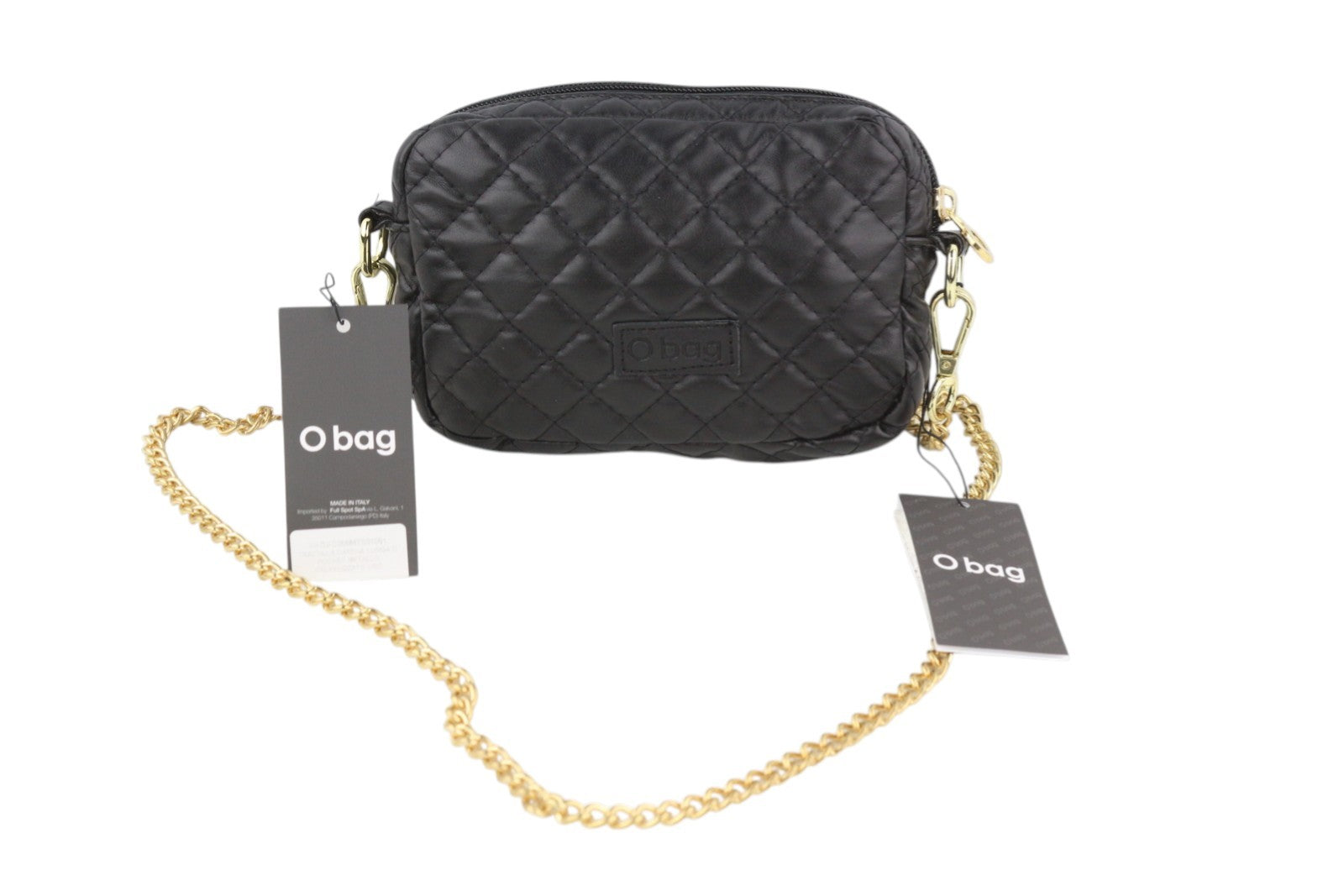 O BAG Extra Pocket Women Bag OS Black Coated Quilted Gold Tone Chain Crossbody