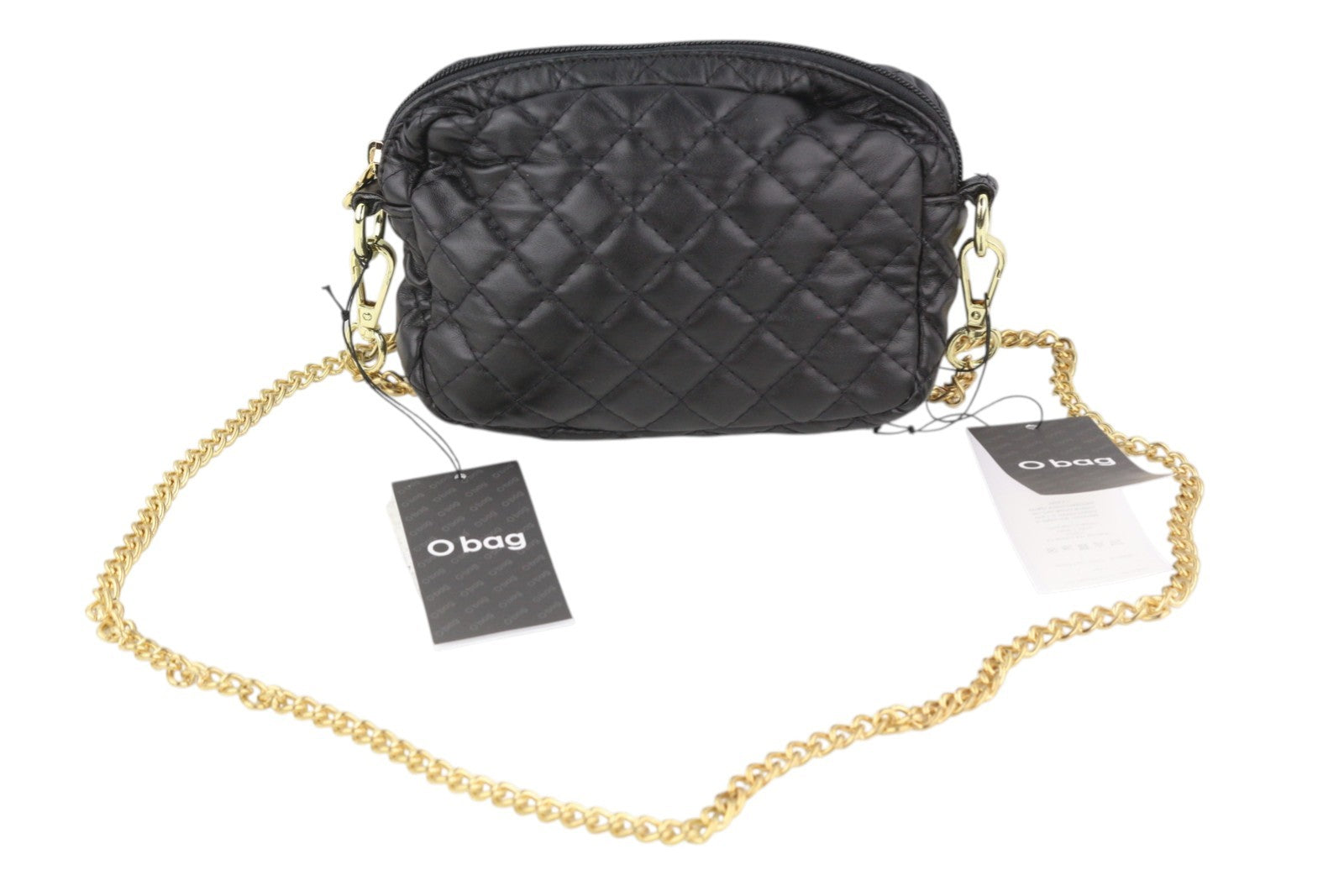 O BAG Extra Pocket Women Bag OS Black Coated Quilted Gold Tone Chain Crossbody
