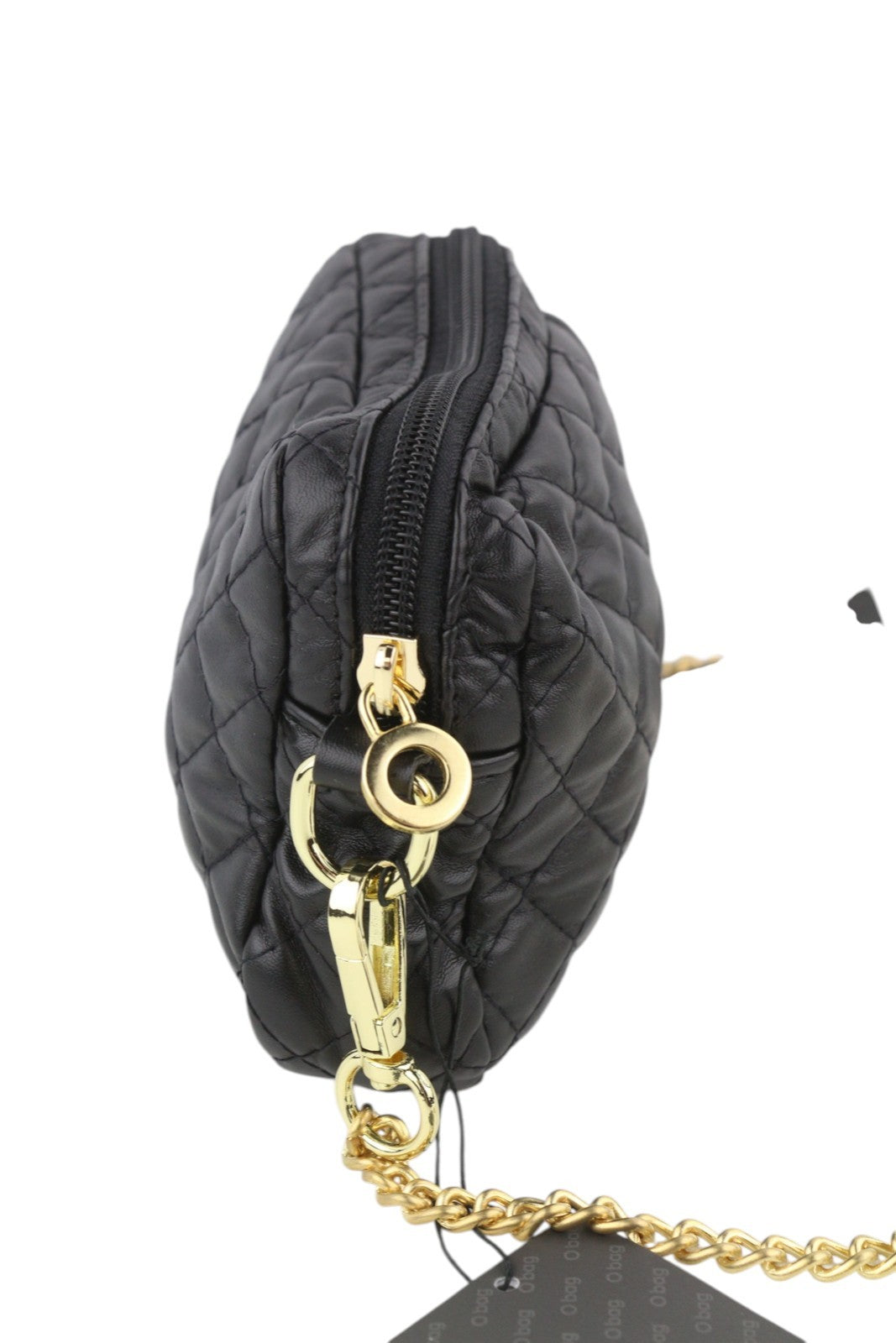 O BAG Extra Pocket Women Bag OS Black Coated Quilted Gold Tone Chain Crossbody