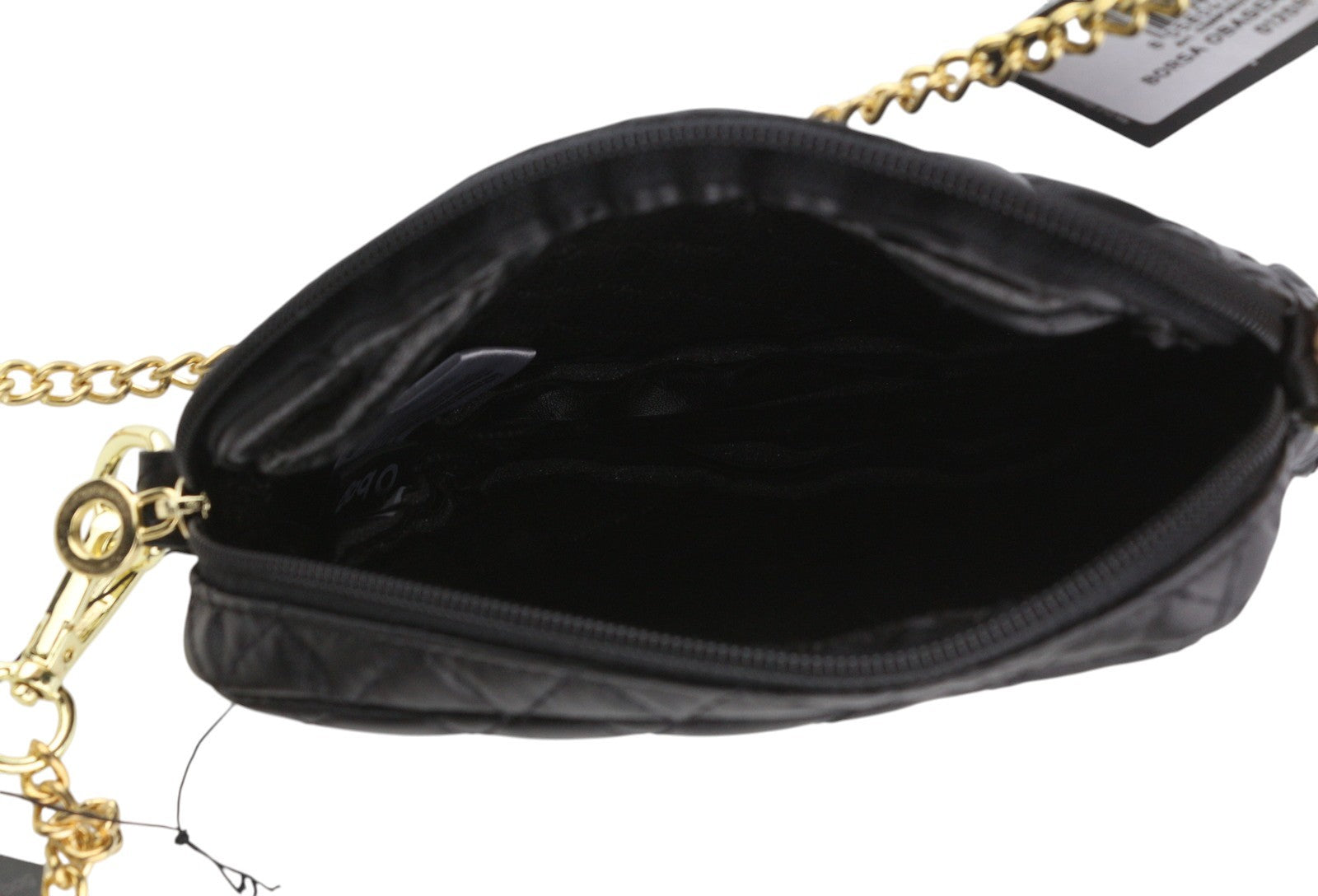 O BAG Extra Pocket Women Bag OS Black Coated Quilted Gold Tone Chain Crossbody
