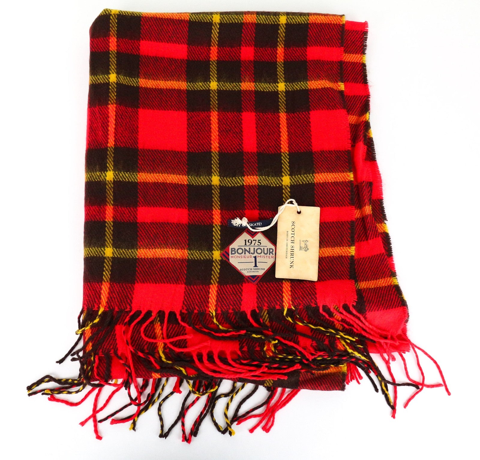 SCOTCH SHRUNK Boys Scarf OS Red Checked Pattern Tassel Casual Accessory
