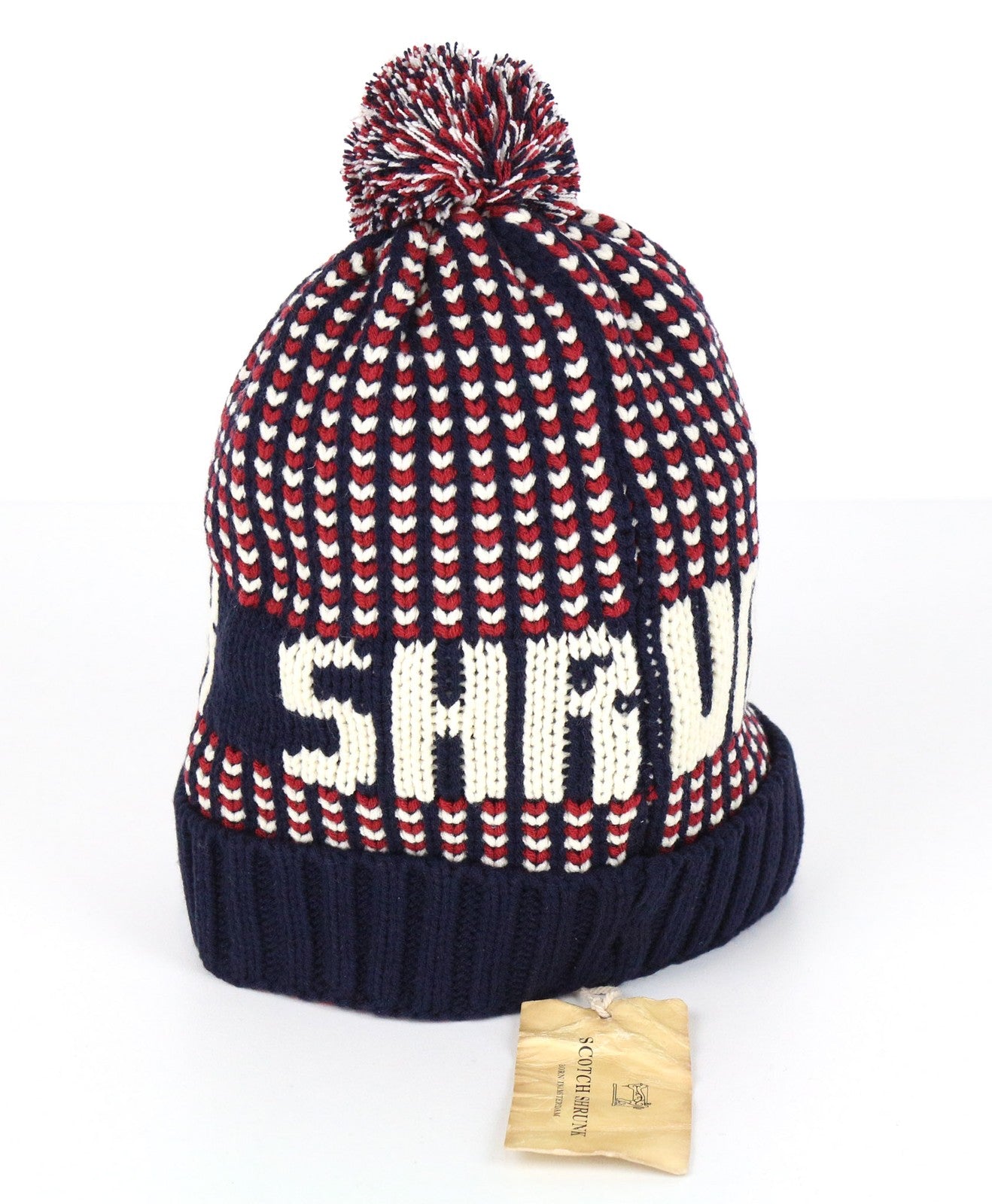 SCOTCH SHRUNK Boys Hat M Red Navy Patterned Pom Pom Knit Beanie