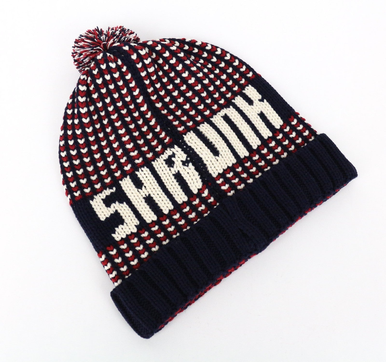 SCOTCH SHRUNK Boys Hat M Red Navy Patterned Pom Pom Knit Beanie