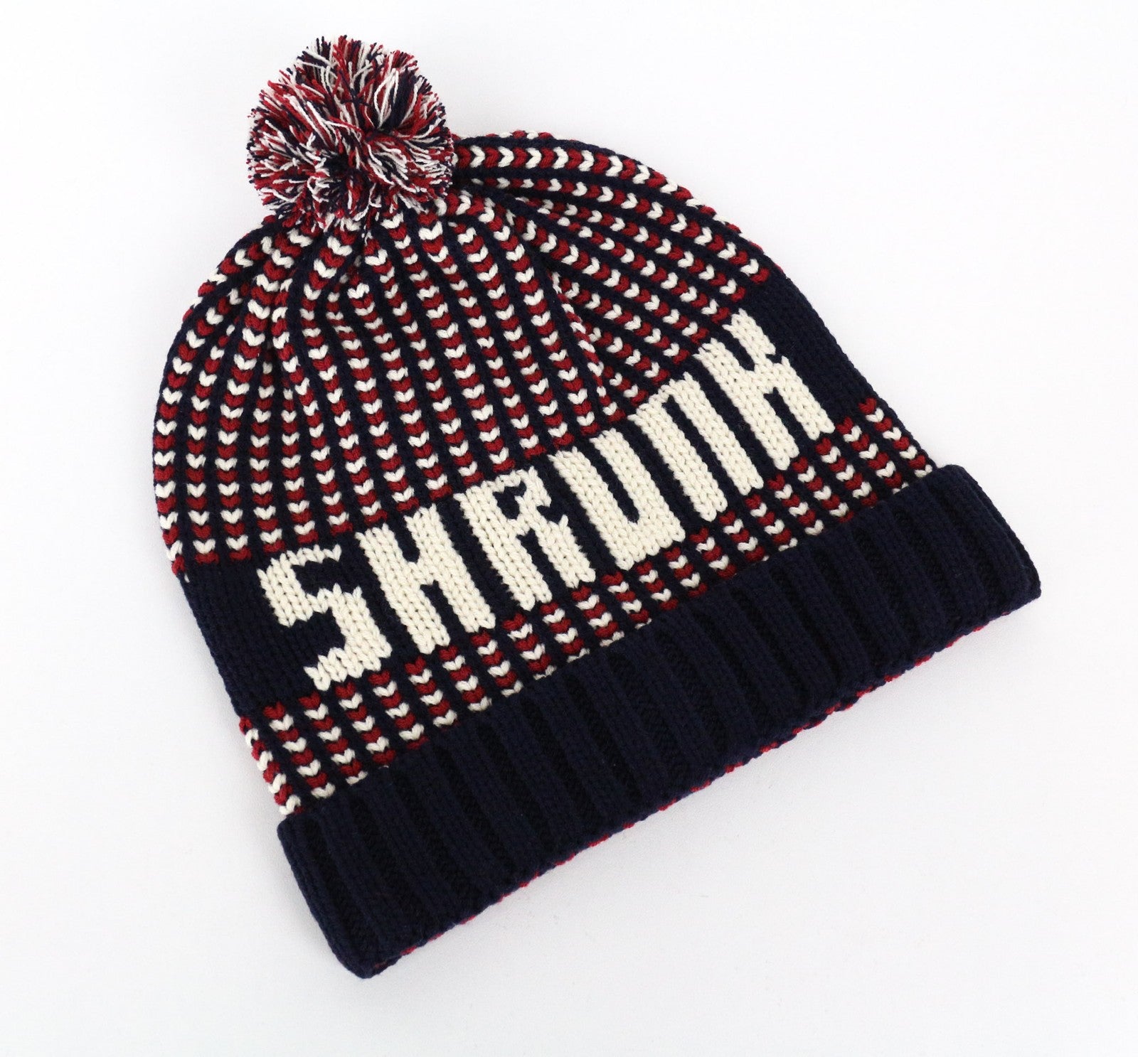 SCOTCH SHRUNK Boys Hat M Red Navy Patterned Pom Pom Knit Beanie