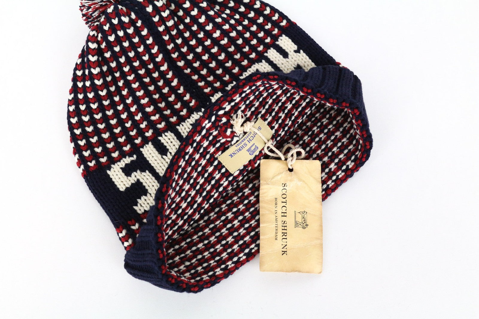 SCOTCH SHRUNK Boys Hat M Red Navy Patterned Pom Pom Knit Beanie