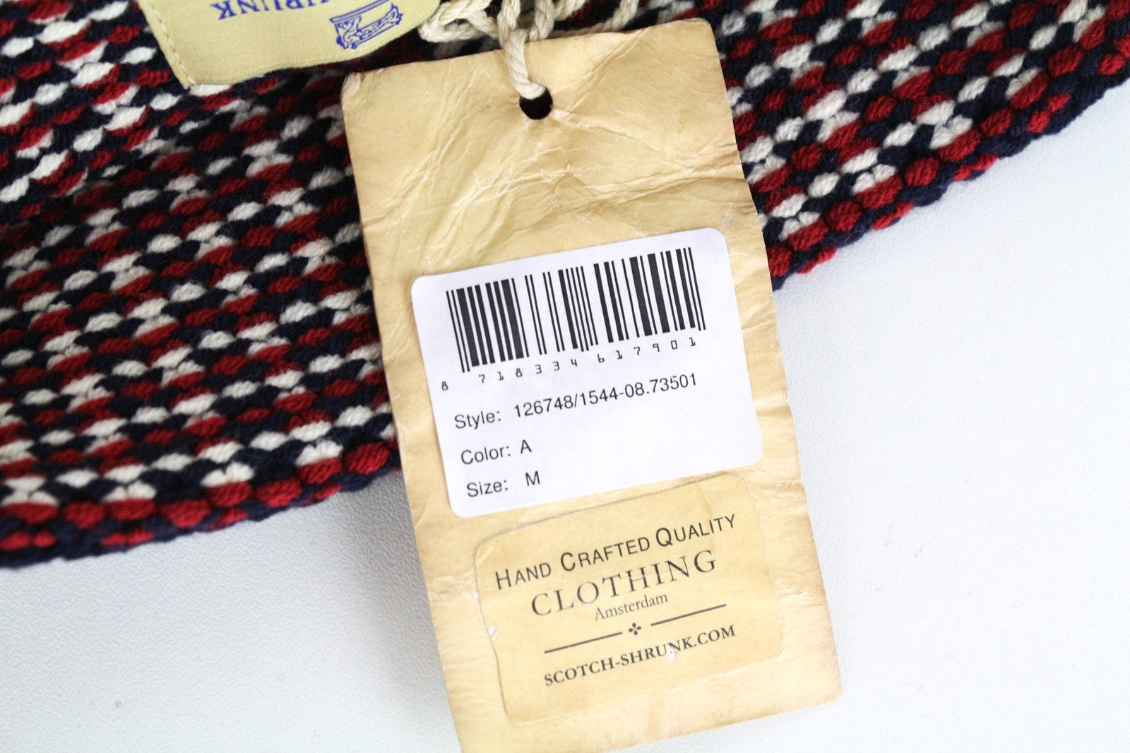 SCOTCH SHRUNK Boys Hat M Red Navy Patterned Pom Pom Knit Beanie