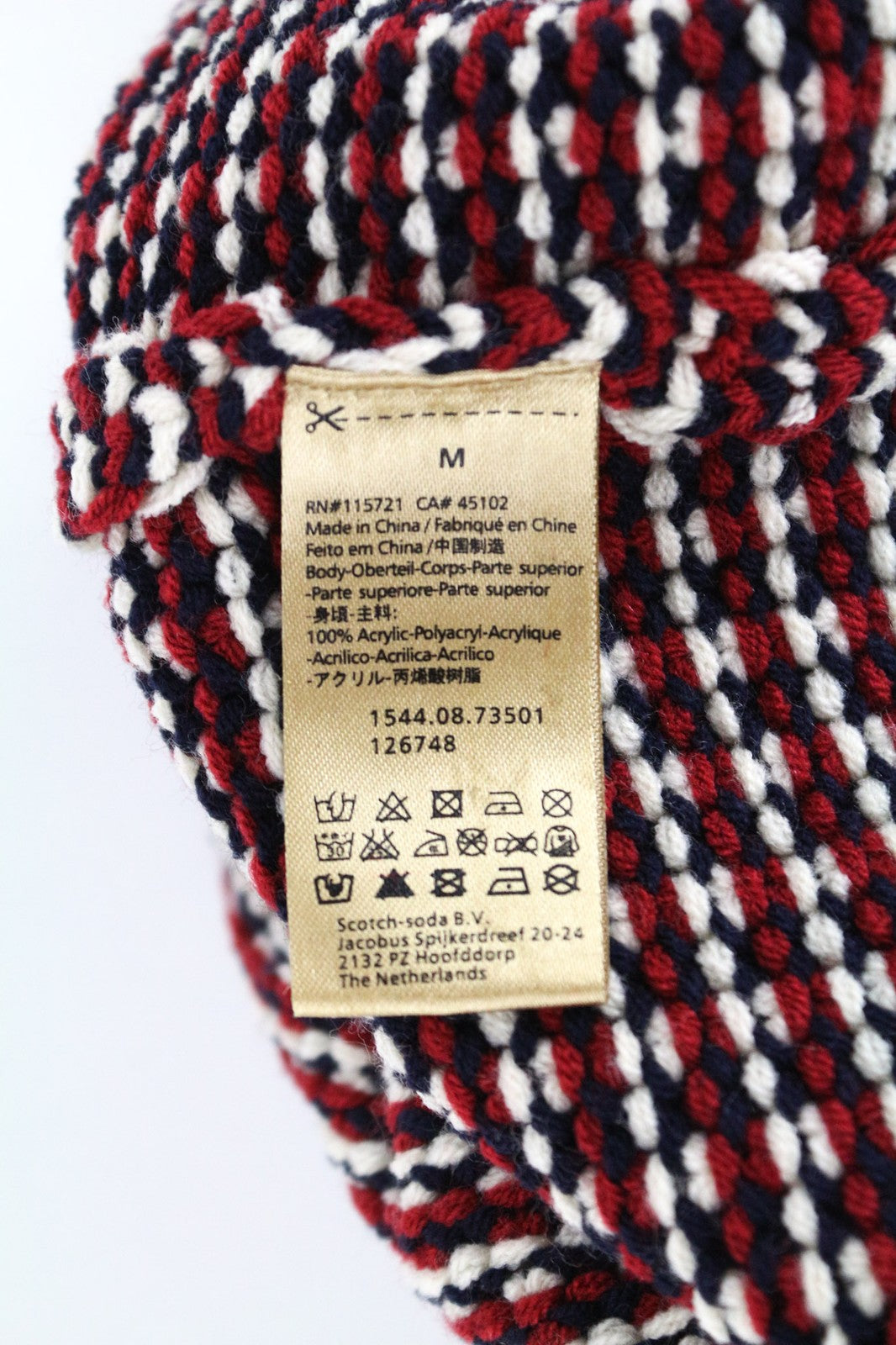 SCOTCH SHRUNK Boys Hat M Red Navy Patterned Pom Pom Knit Beanie