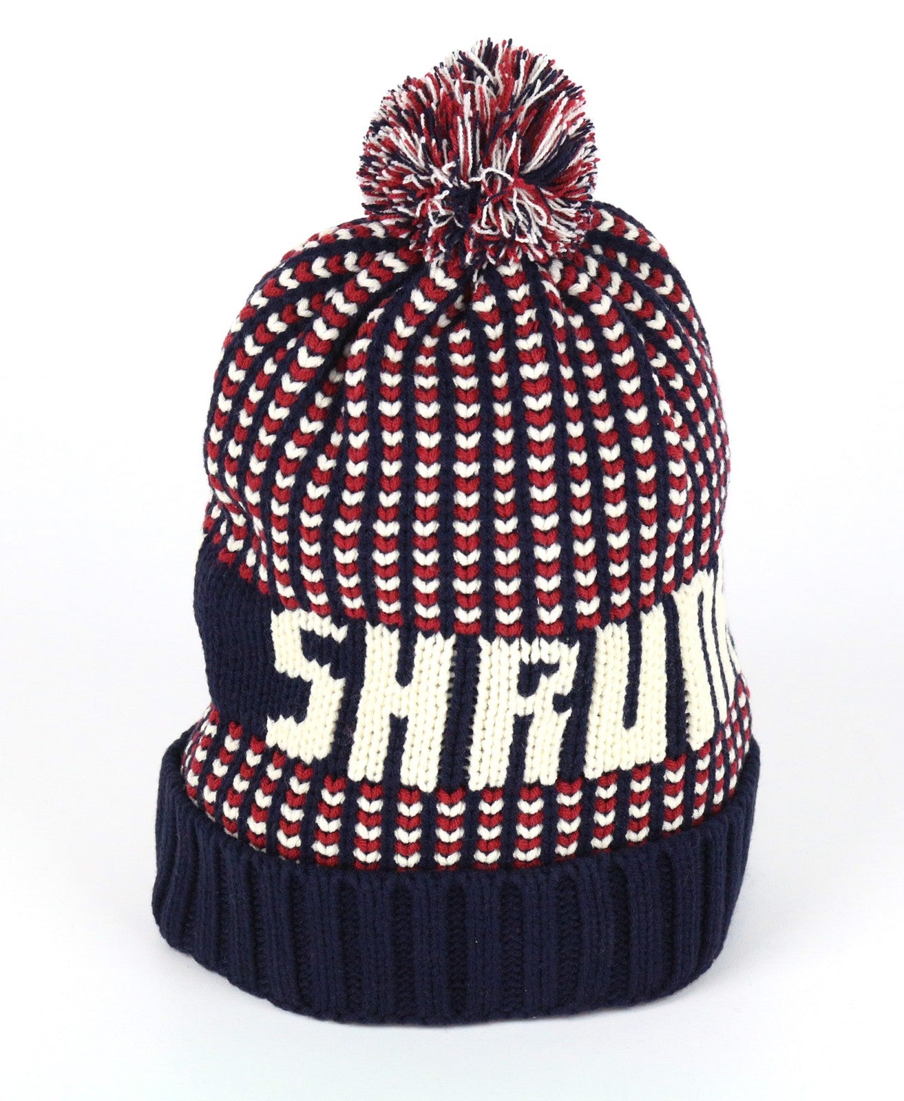 SCOTCH SHRUNK Boys Hat M Red Navy Patterned Pom Pom Knit Beanie