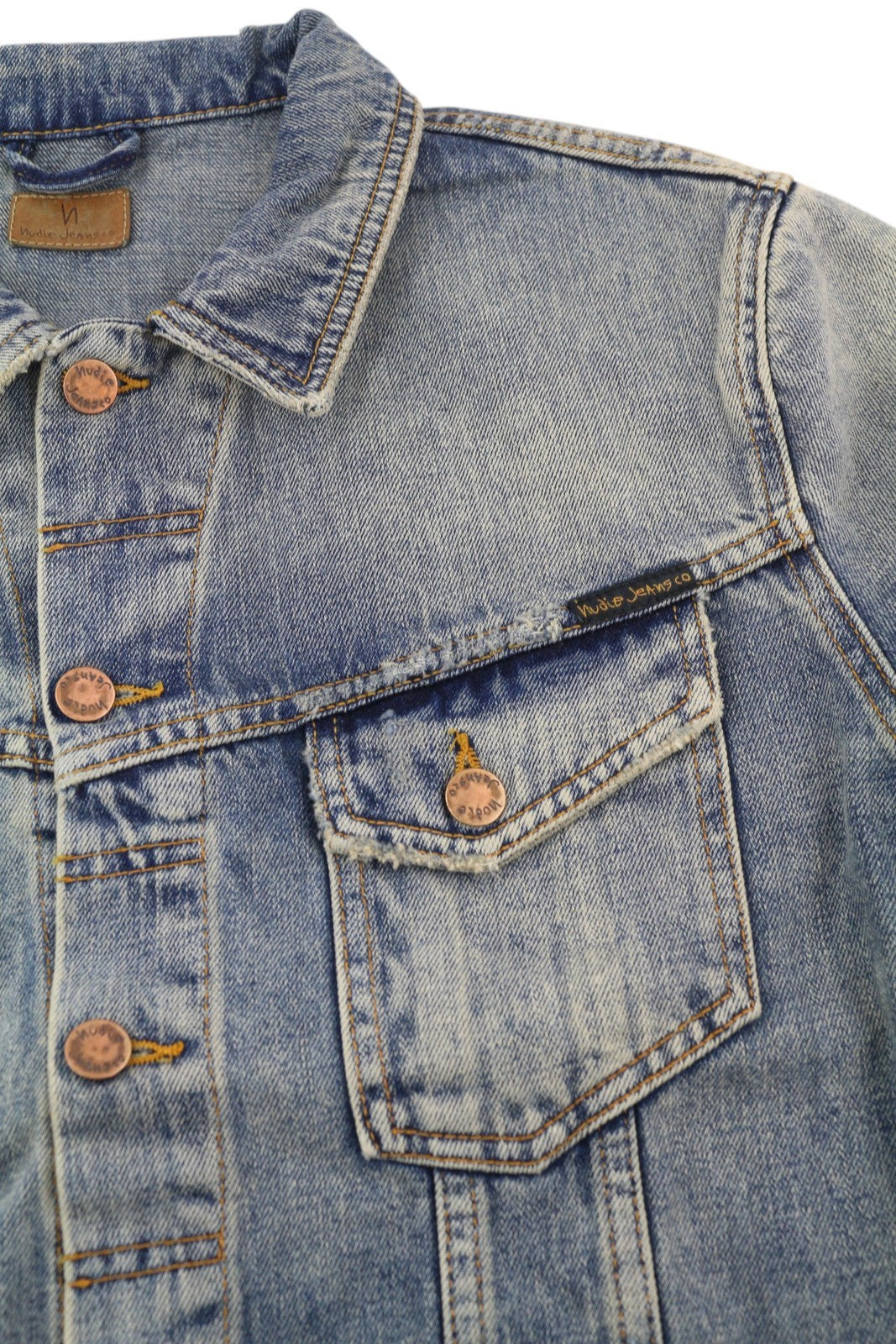 NUDIE JEANS Billy Men Jacket L Shimmering Indigo Buttoned Distress Faded Denim