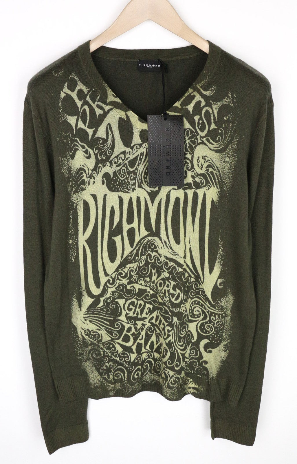 RICHMOND Men's Size 50 Green Wool Pullover Logo Long Sleeve Sweatshirt