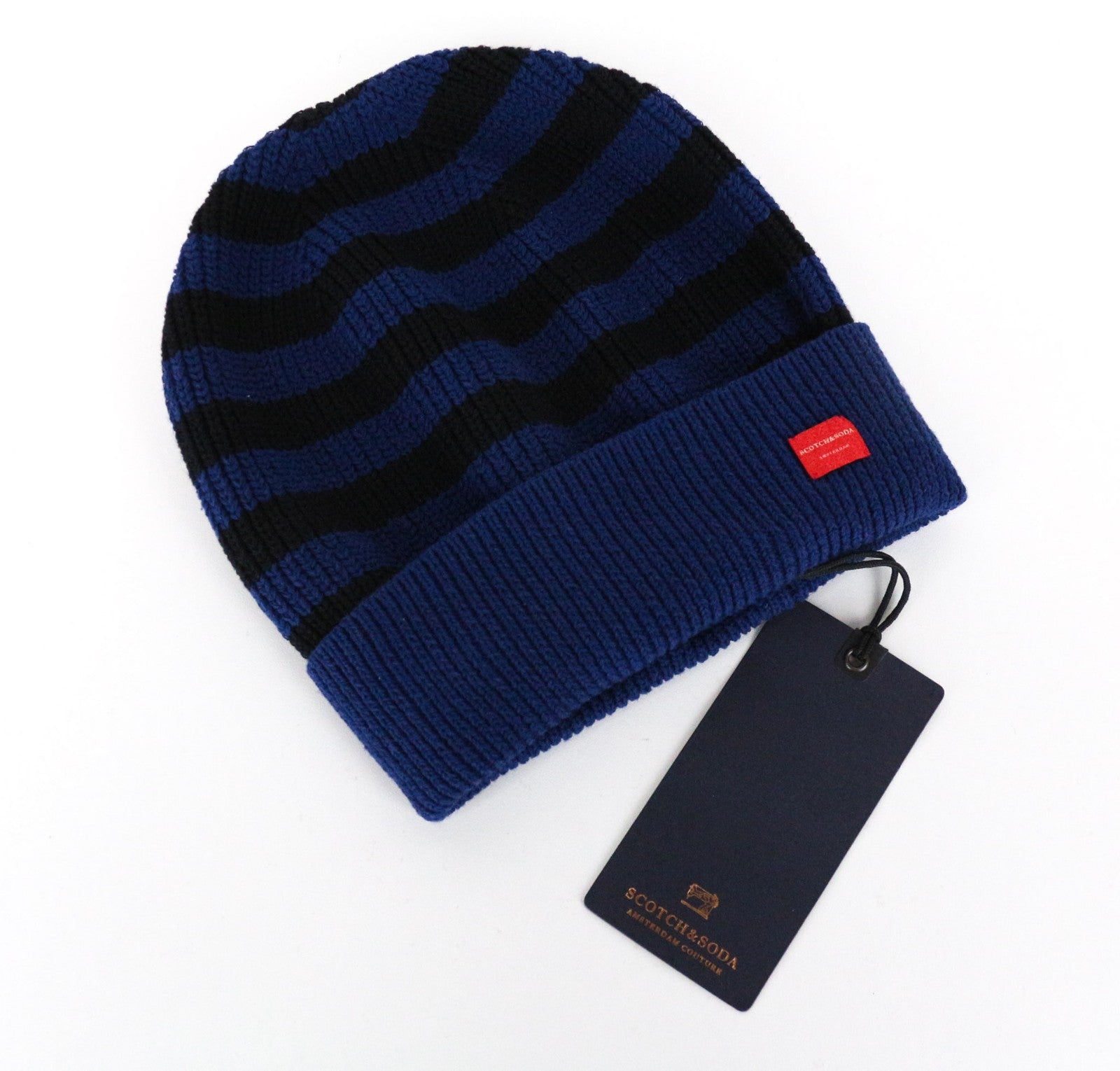 SCOTCH & SODA Men's OS Blue Wool Cotton 2x Beanie Hat Striped Winter Warm