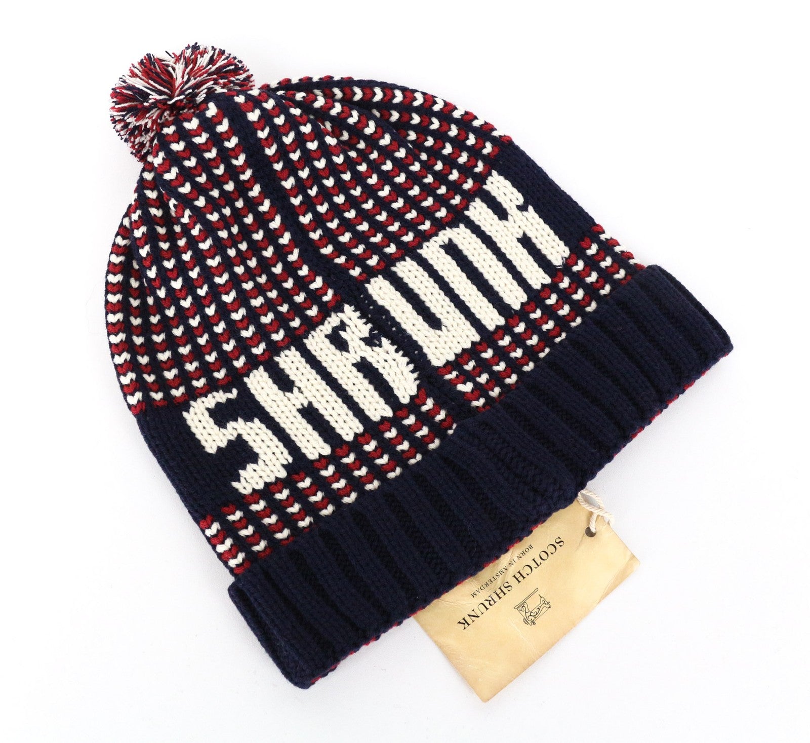 SCOTCH SHRUNK Boys' M Pom Pom Red Navy Knit Beanie Hat Patterned