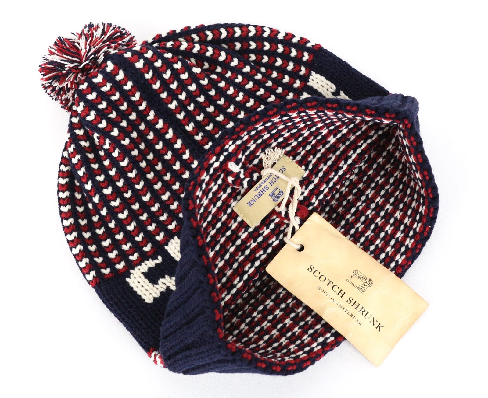 SCOTCH SHRUNK Boys' M Pom Pom Red Navy Knit Beanie Hat Patterned