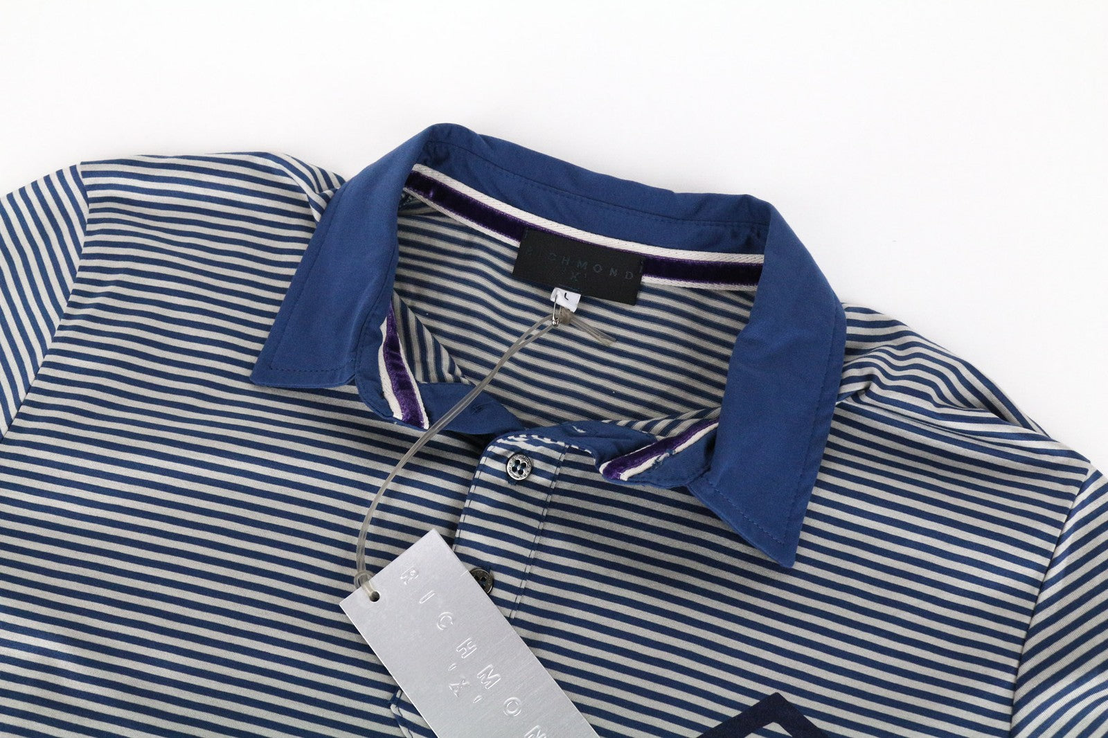 RICHMOND Men's L Blue Cotton Short Sleeve Polo Shirt with Stripe Design