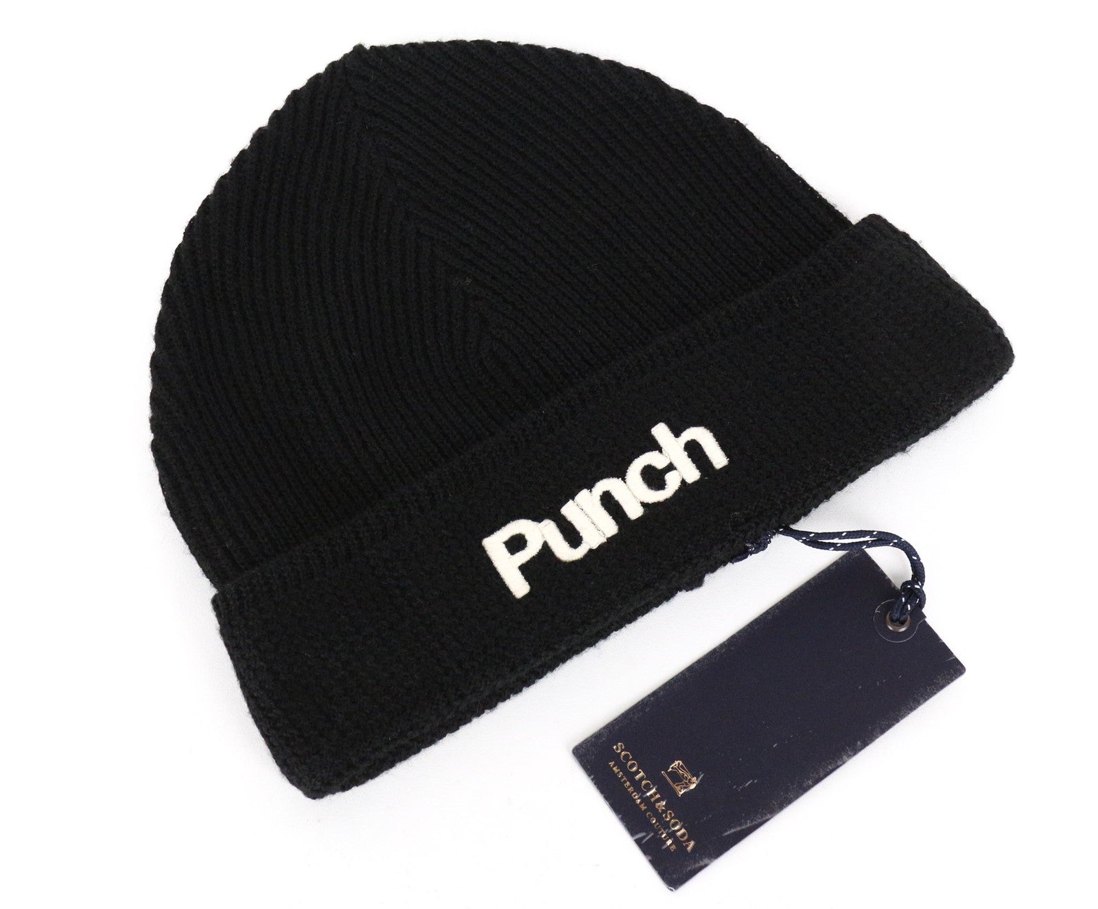 SCOTCH & SODA Men's OS Knitted Logo Beanie Hat in Black Wool Blend