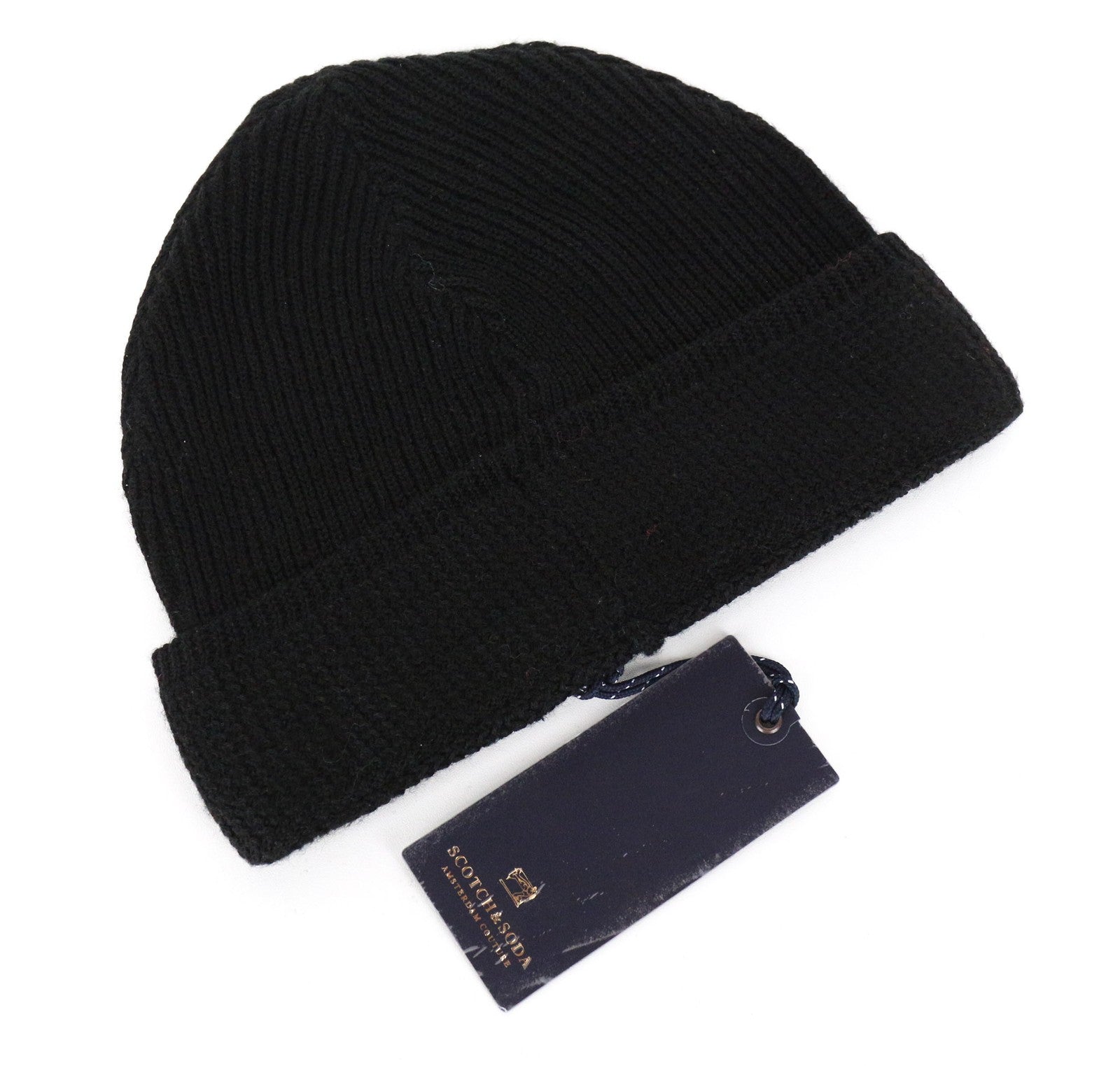 SCOTCH & SODA Men's OS Knitted Logo Beanie Hat in Black Wool Blend