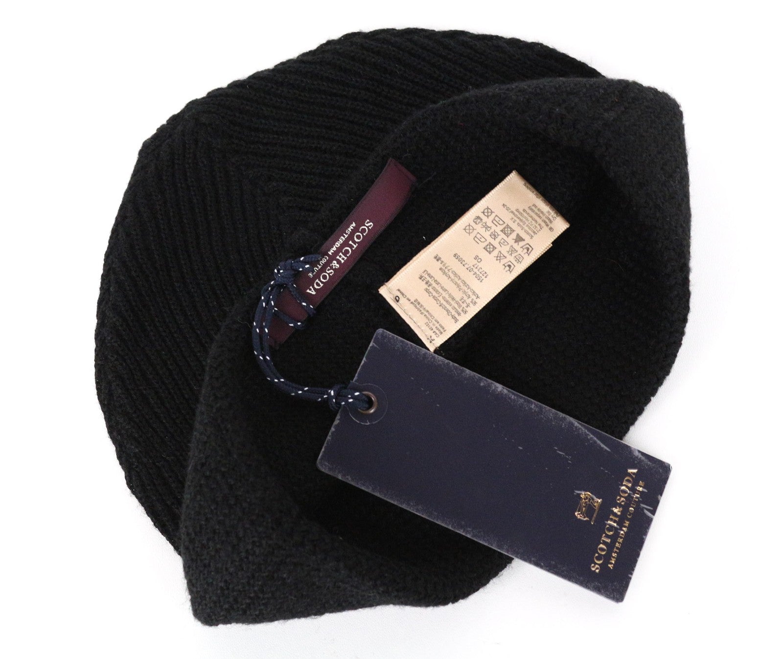 SCOTCH & SODA Men's OS Knitted Logo Beanie Hat in Black Wool Blend