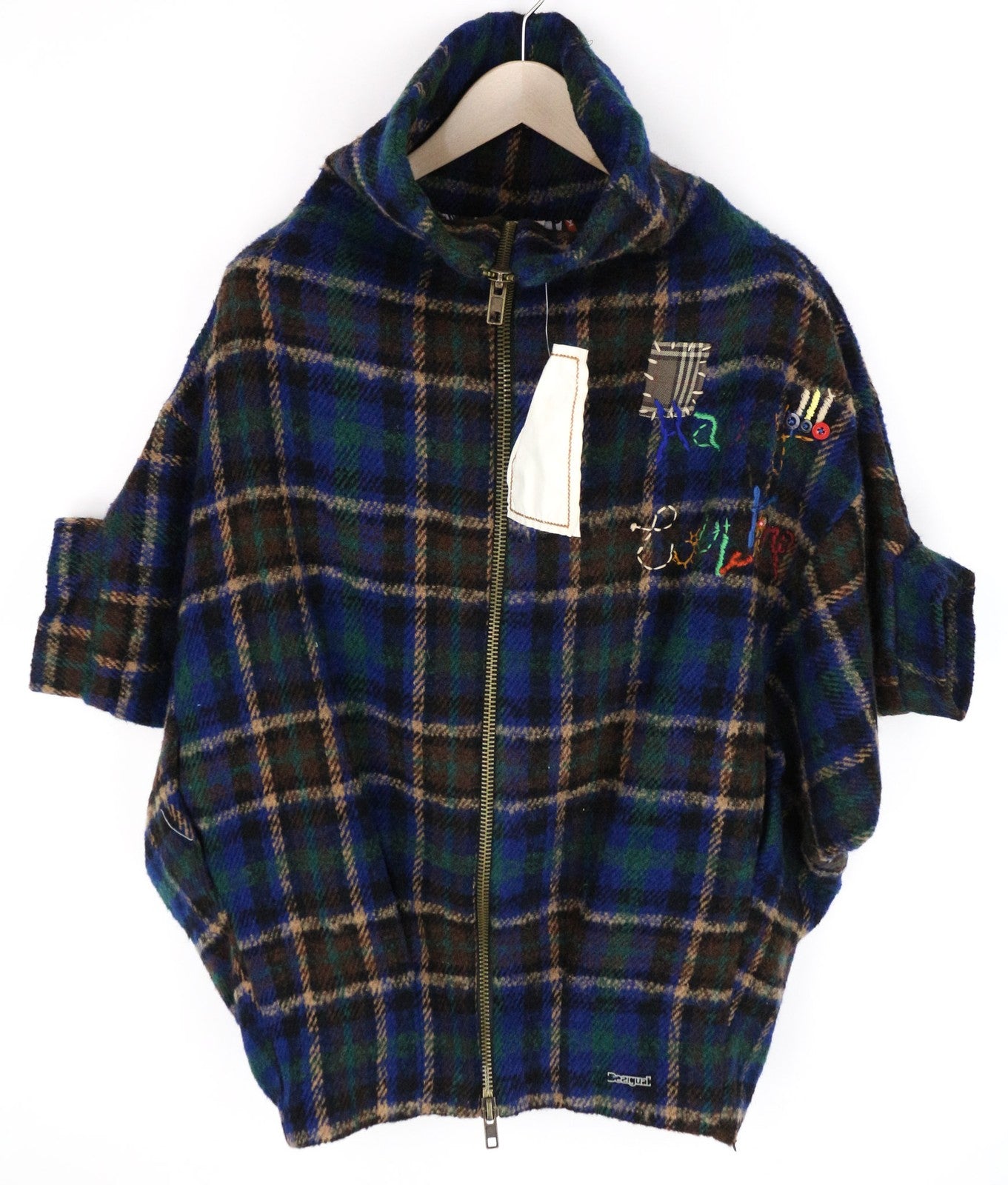 DESIGUAL Women's EU36 Blue Green Short Sleeve Check Wool Blend Zipped Jacket