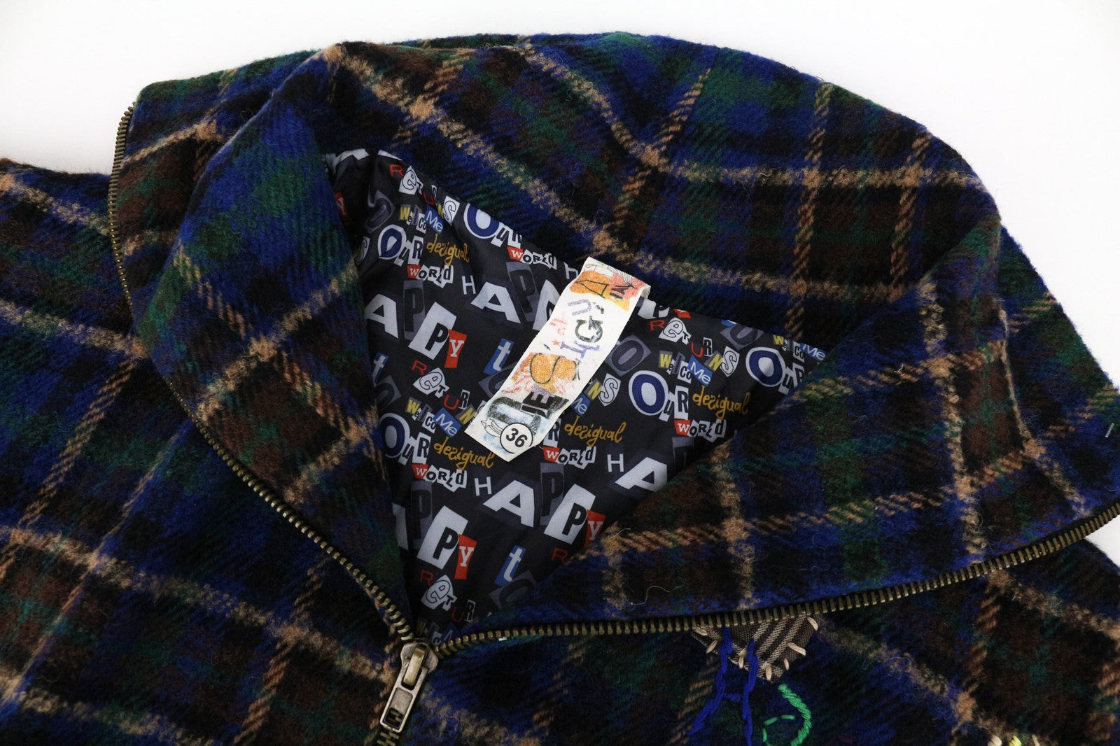 DESIGUAL Women's EU36 Blue Green Short Sleeve Check Wool Blend Zipped Jacket