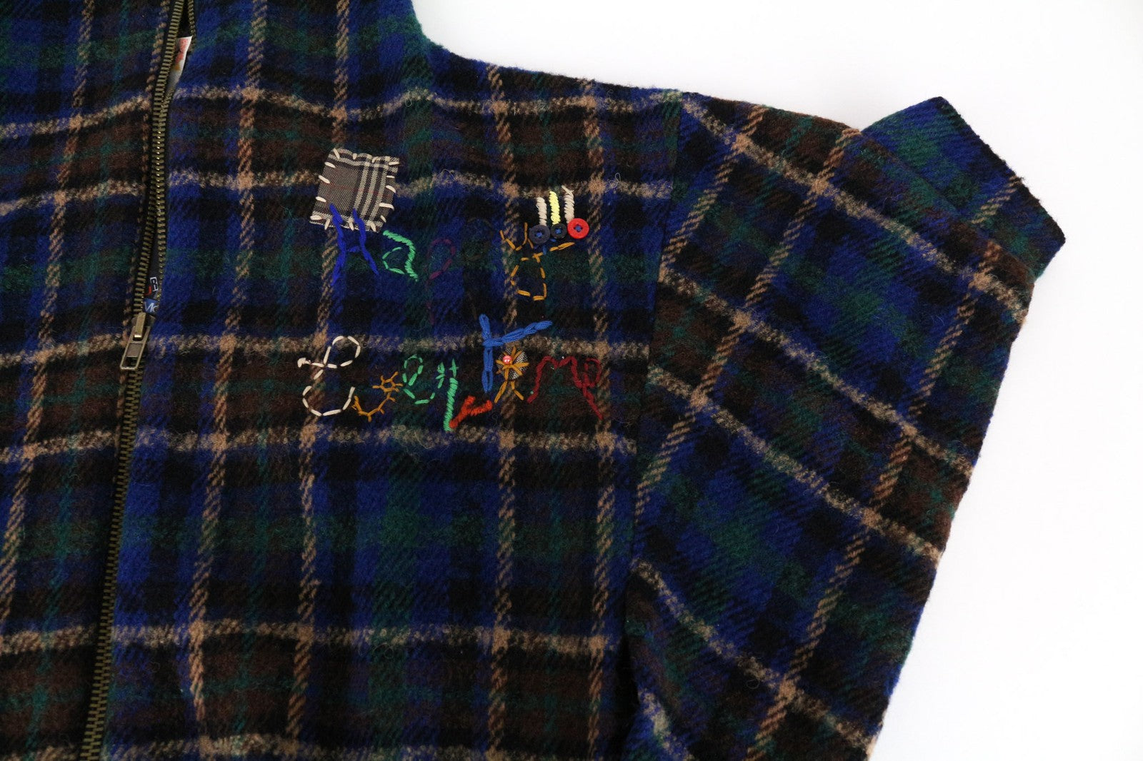 DESIGUAL Women's EU36 Blue Green Short Sleeve Check Wool Blend Zipped Jacket