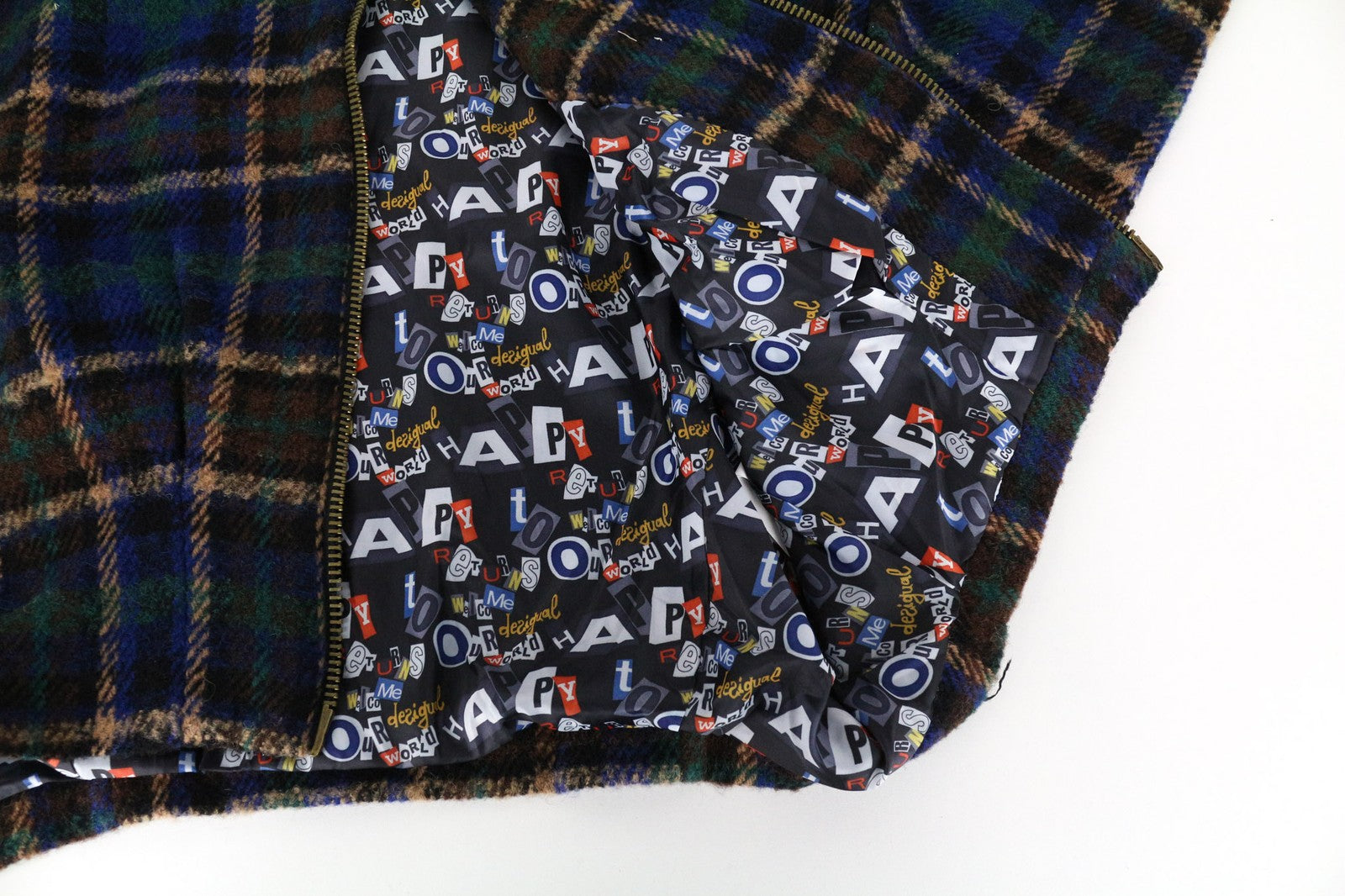 DESIGUAL Women's EU36 Blue Green Short Sleeve Check Wool Blend Zipped Jacket