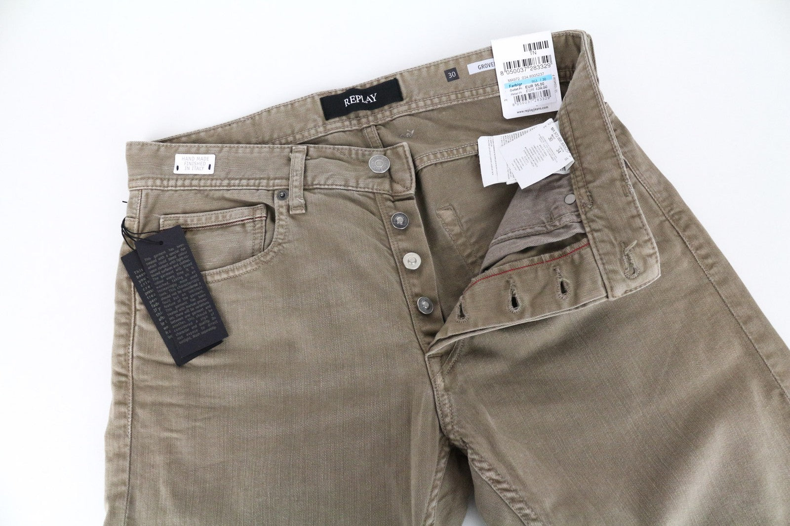 REPLAY Grover Men's W30/L34 Brown Straight Fit Button Cotton Stretch Jeans