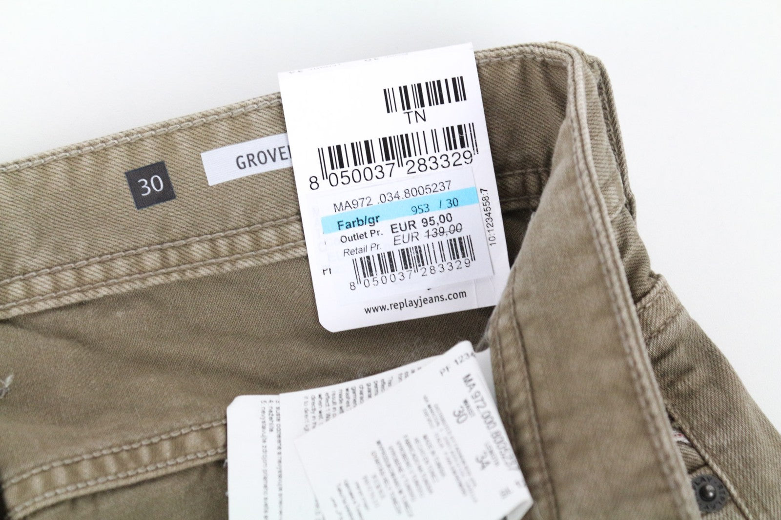 REPLAY Grover Men's W30/L34 Brown Straight Fit Button Cotton Stretch Jeans