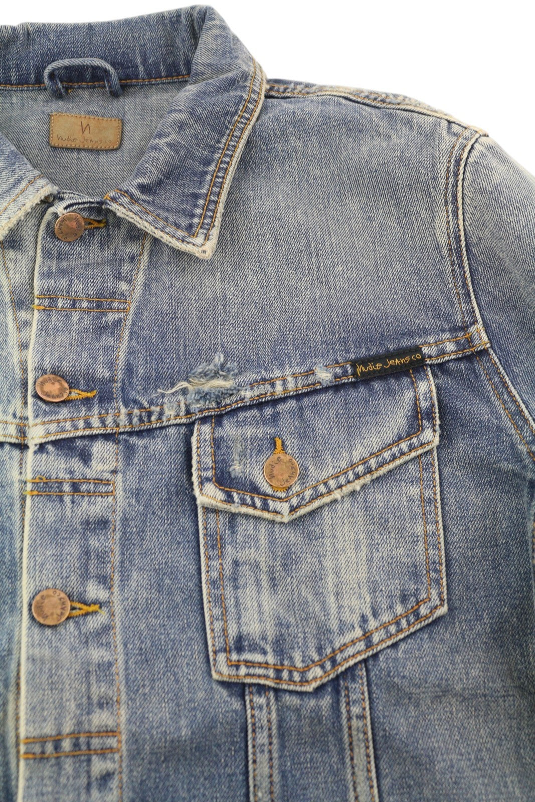 NUDIE JEANS Billy Men Jacket L Shimmering Indigo Button-Up Distress Faded Denim