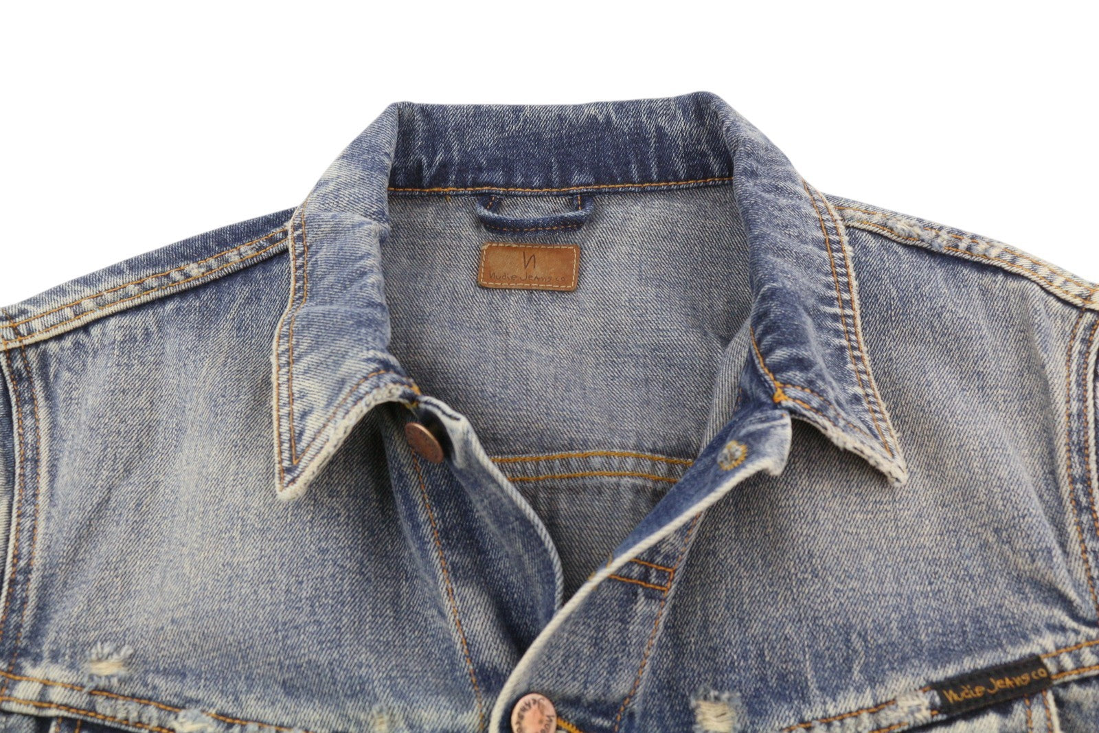 NUDIE JEANS Billy Men Jacket M Shimmering Indigo Button-Up Ripped Faded Denim