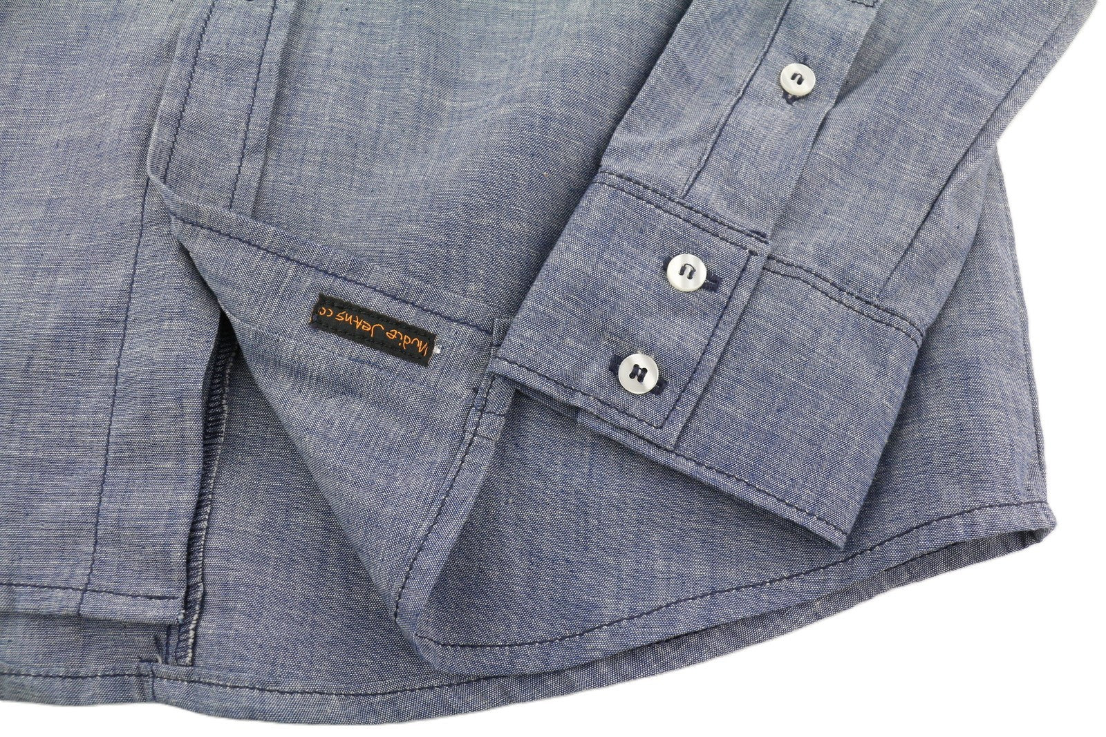 NUDIE JEANS Conny Men Shirt M Blue Washed Faded Button-Up Patch Pockets Spread