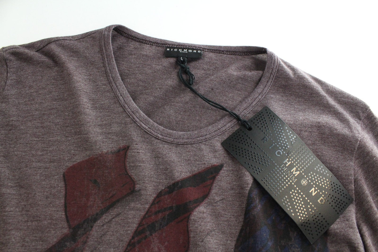 RICHMOND Men's T-Shirt L Long Sleeve Pullover Cotton Mix Burgundy Graphic