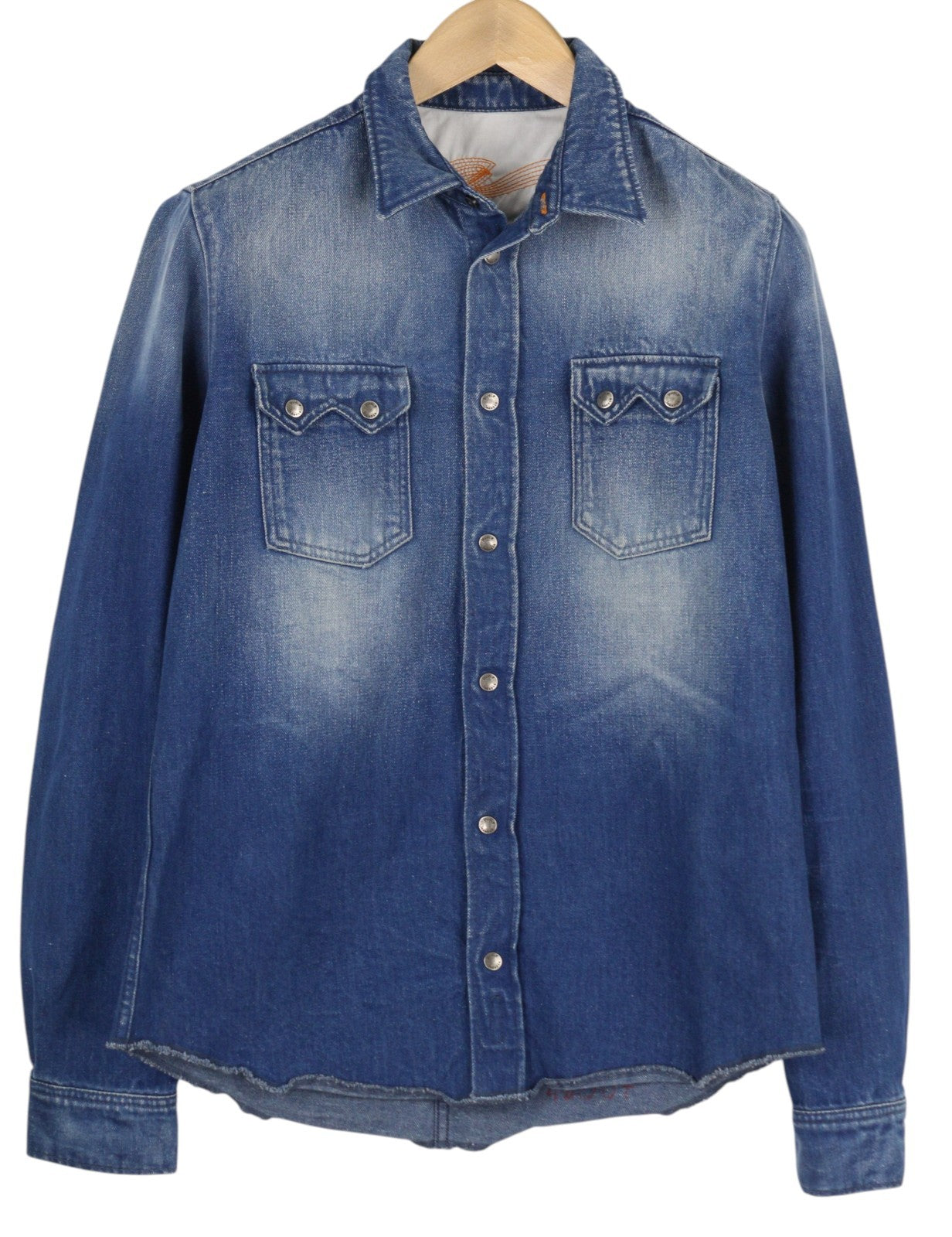 NUDIE JEANS Men Shirt M Denim Western Faded Washed Snap Buttons Spread Neck