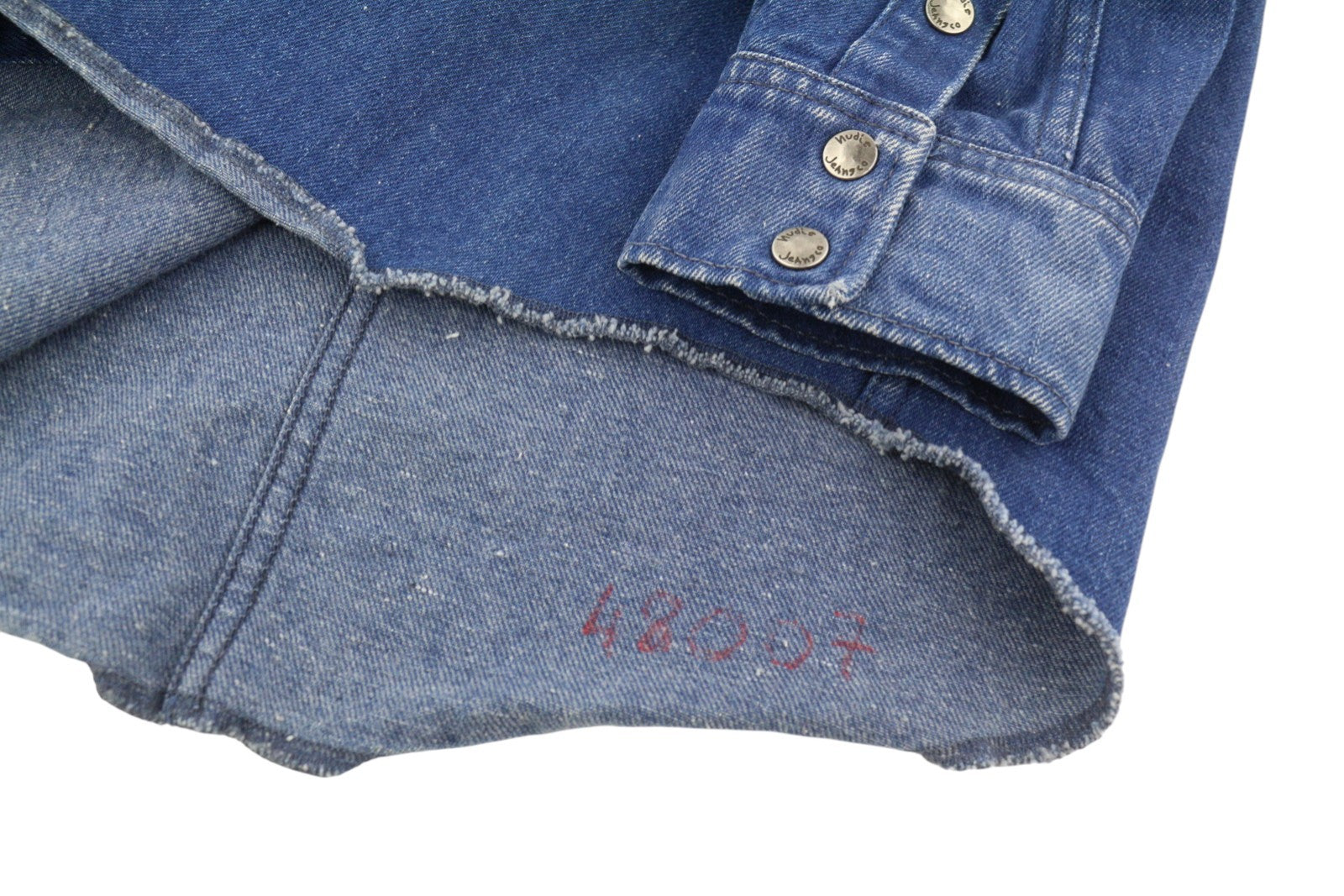 NUDIE JEANS Men Shirt M Denim Western Faded Washed Snap Buttons Spread Neck