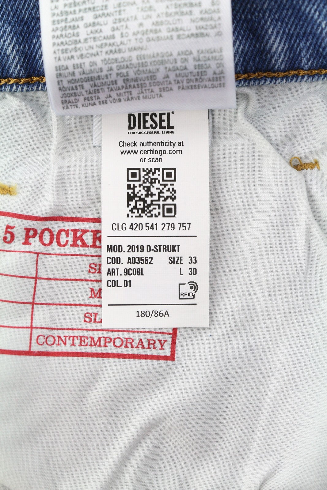 DIESEL 2019 D-Strukt 9C08L Men Jeans W33/L30 Blue Faded Washed Slim Fit RRP$350