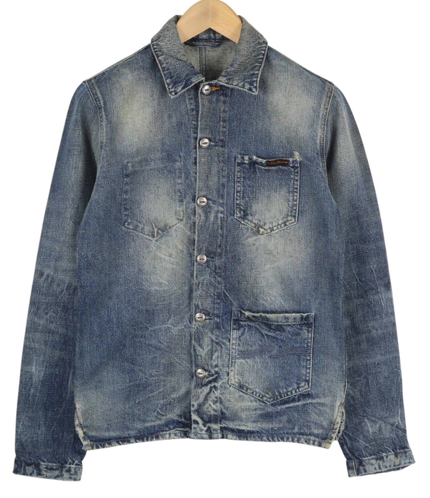 NUDIE JEANS Tryggve Men Jacket S Cosmic Blue Faded Denim Patch Pockets Buttoned