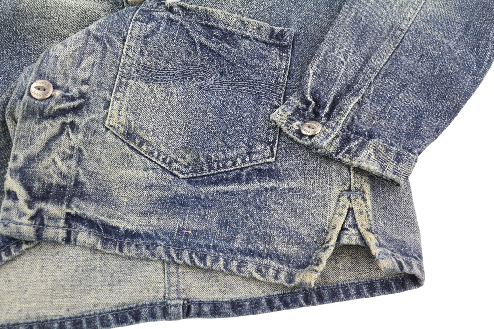 NUDIE JEANS Tryggve Men Jacket S Cosmic Blue Faded Denim Patch Pockets Buttoned