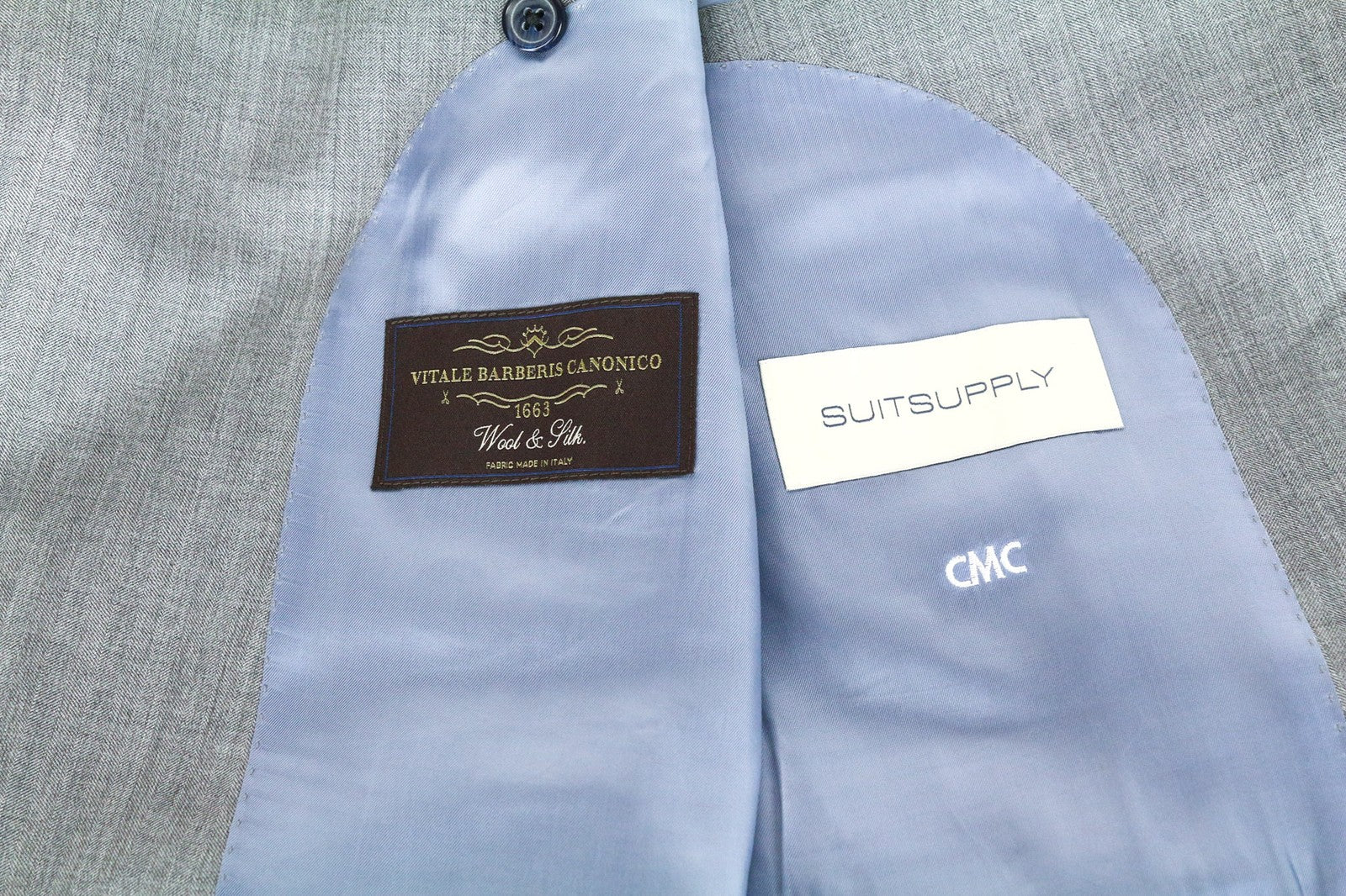 SUITSUPPLY La Spalla vyriškas švarkas UK50R pilkas vilnonis šilkinis švarkas su įpjova atvarte ir dviem sagomis 